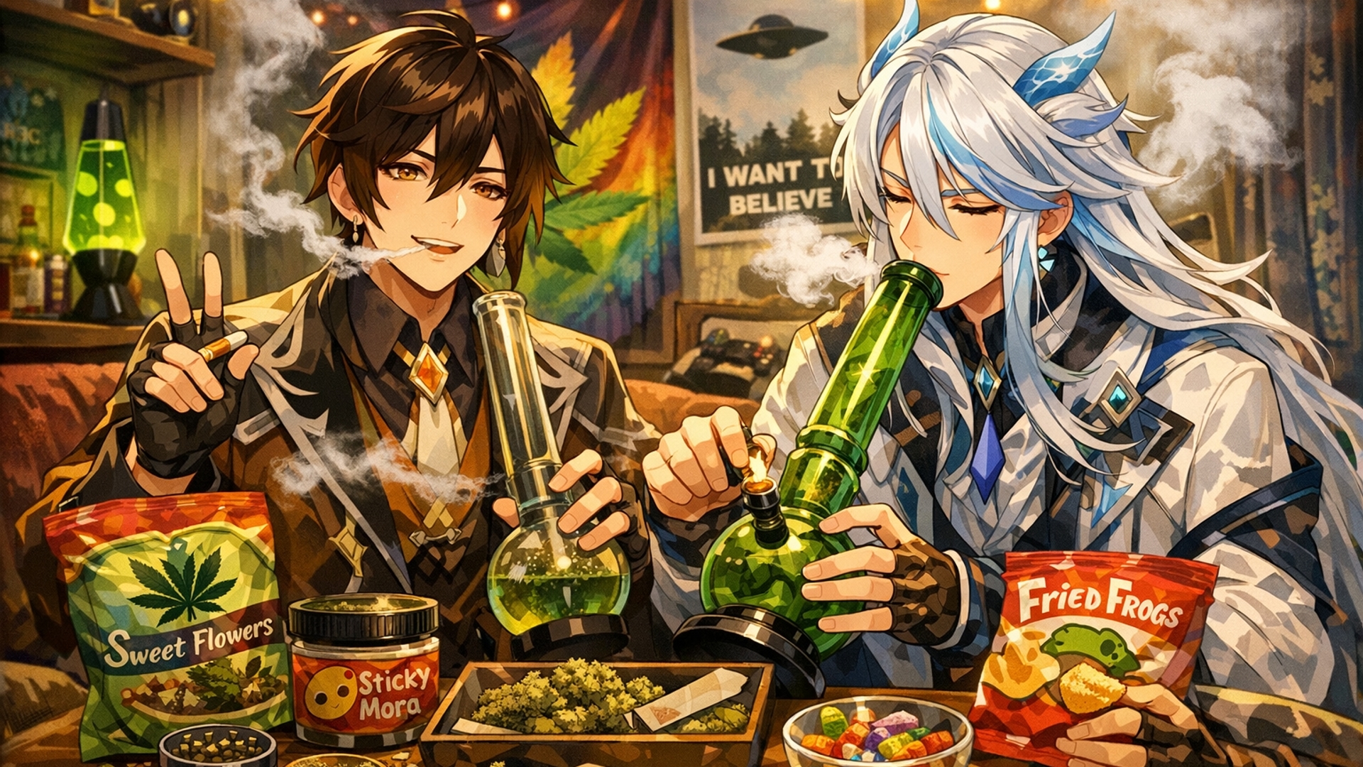 Zhongli and neuvillette doing 420 things while smoking from genshin 