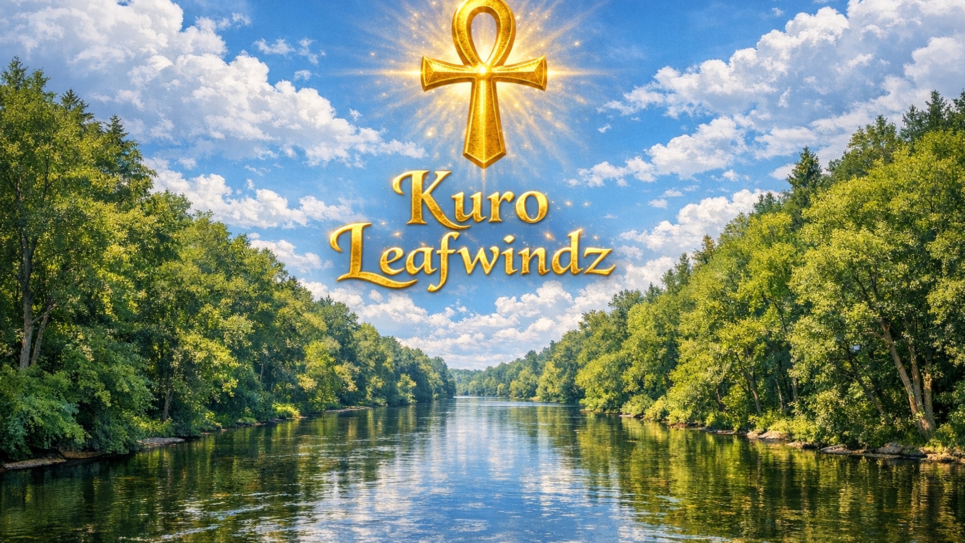 Draw a river with trees down both sides, some clouds and in the sky a golden ankh and the name Kuro Leafwindz