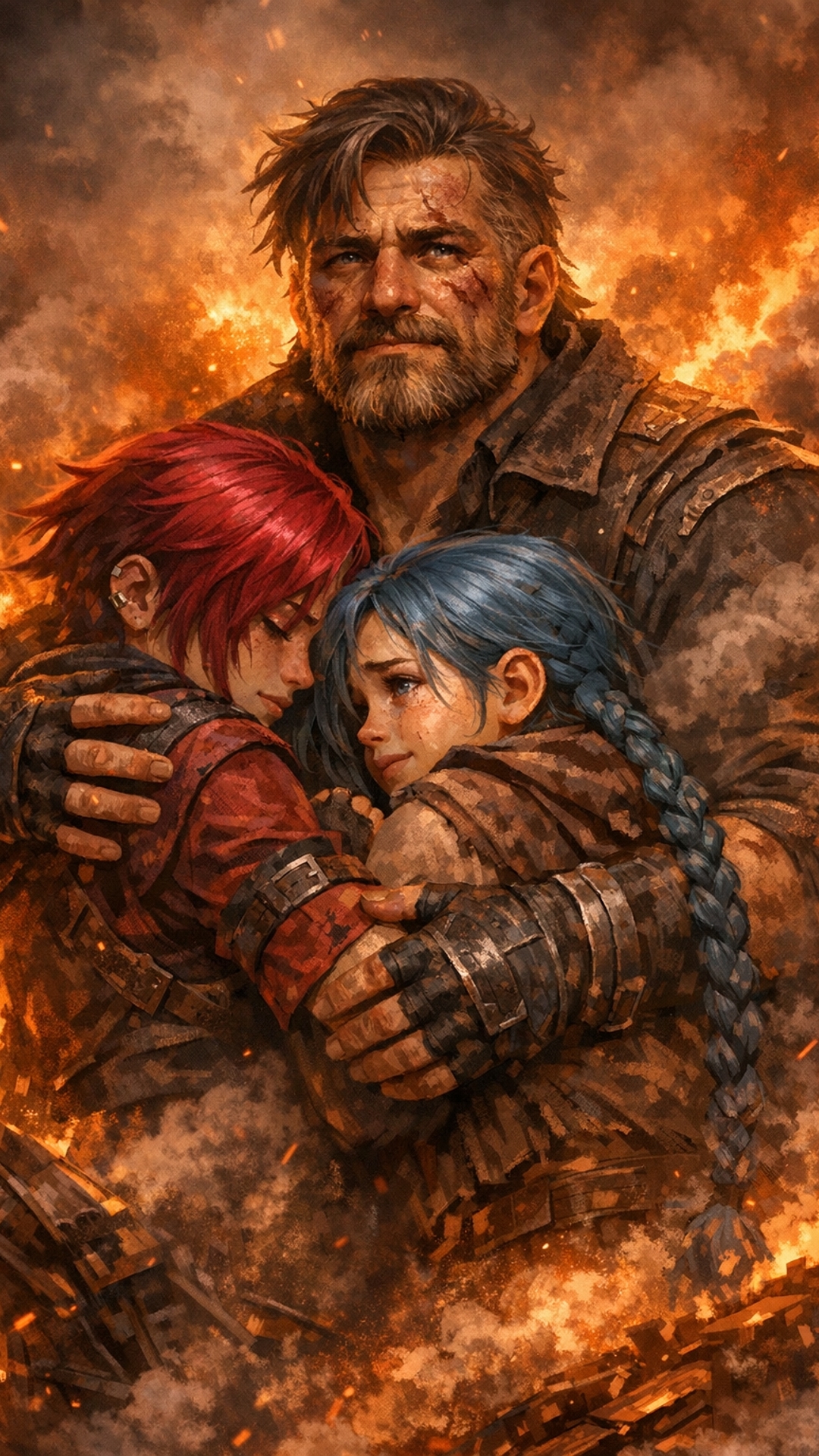 Contexto: ArcanePowder y Vi abrazando a Vander. Existe mucho humo con tonos de fuego (escena de rescate en los carriles). Una mirada valiente pero al mismo tiempo pacifica. 