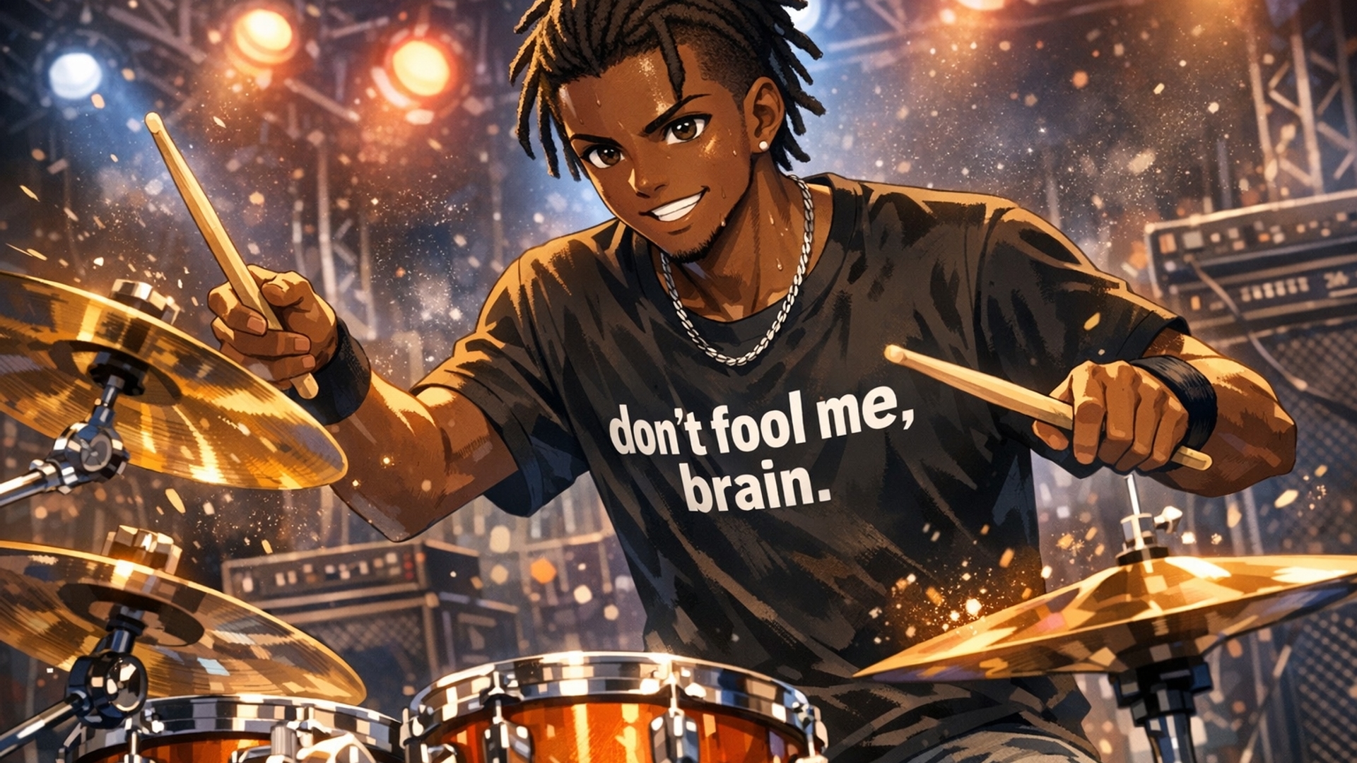 a black guy playing drums. with a t-shirt written don't fool me, brain.