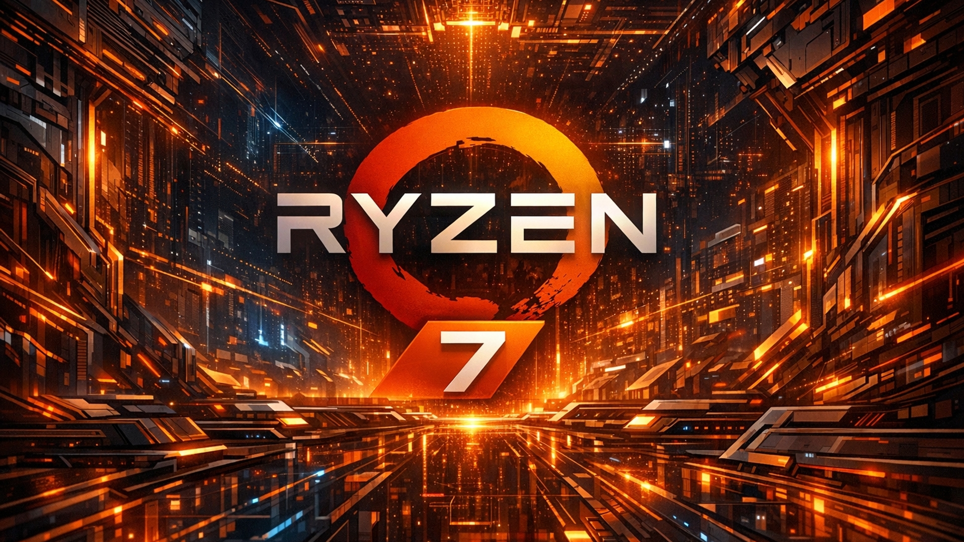 un fondo futurista con los colores y el logo de AMD Ryzen 7