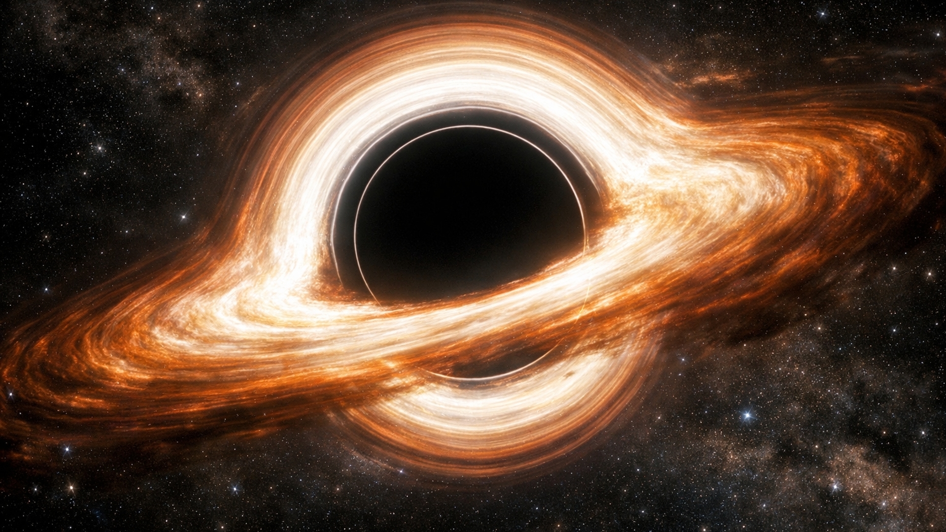 We would like a super massive black hole the one that you see in interstellar gargantua it should be the main Focus of the image There should be a color swirling around it just like the movie