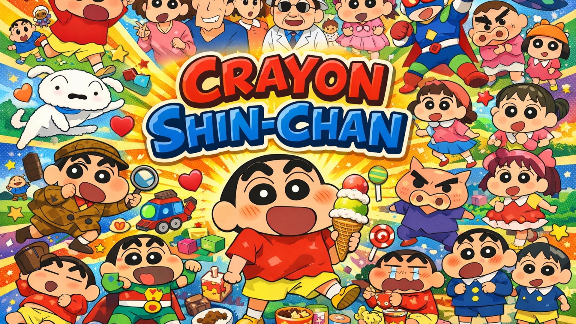 create a collage of shinchan character with sometitle