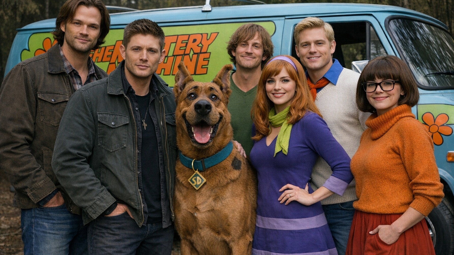 sam and dean Winchester from super natural and the mystery machine scooby daphine fred shaggy velma 