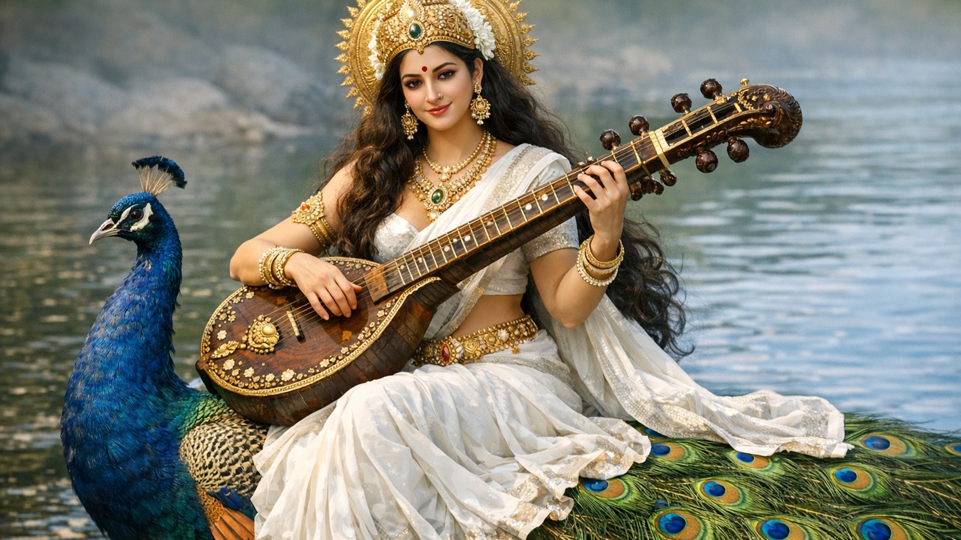 Create image of Godess Saraswati, wearing white saree, sitting on peacock, and playing sitar.