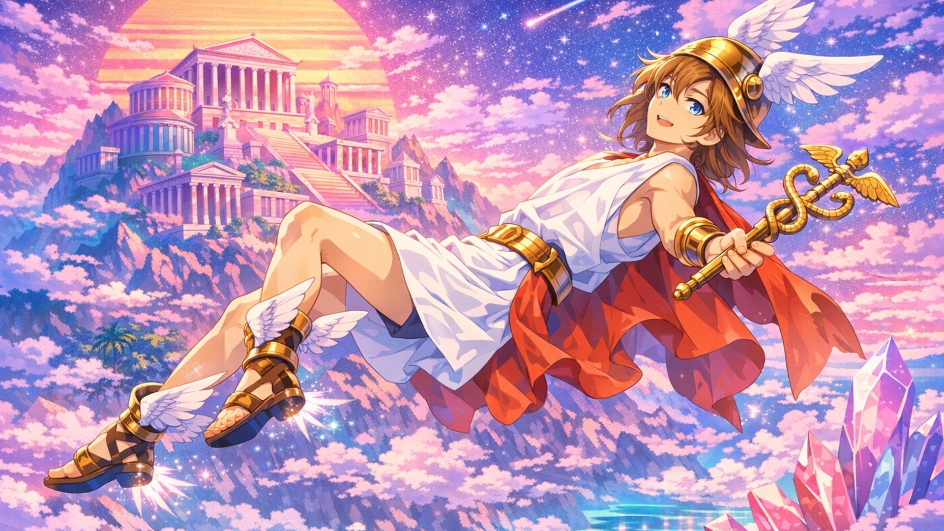 Blue eyed, sandy brown shoulder length haired full length body Hermes floating backwards with a vaporwave colored Olympus in the background 