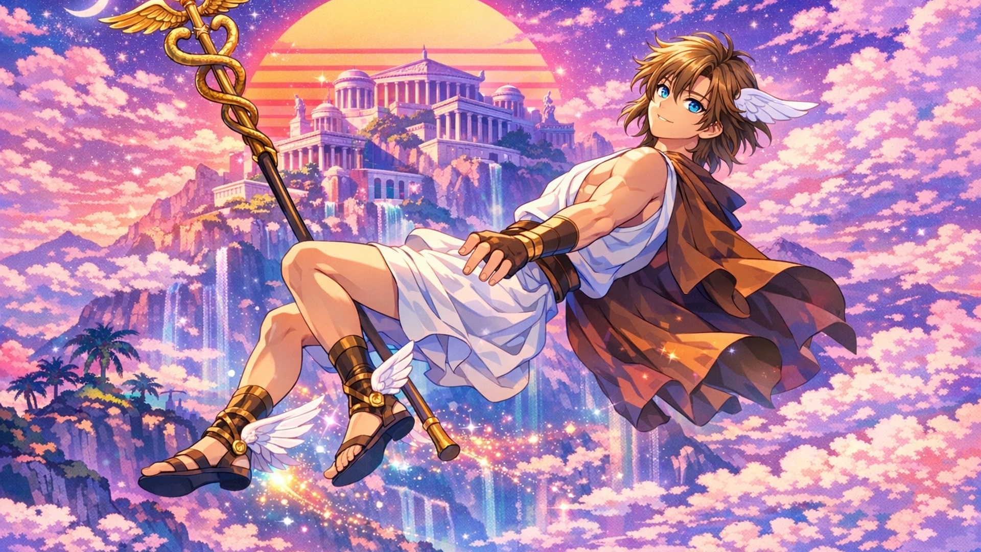 Blue eyed, sandy brown shoulder length haired, full body length Hermes floating backwards with a long staff, with a vaporwave colored Olympus in the background 