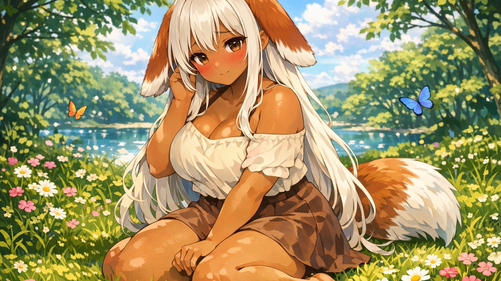a cute brown skin fox woman with no animal facial features other than with long droopy ears and tail with gentle eyes and long white hair and a chubby body sitting on grass acting shy