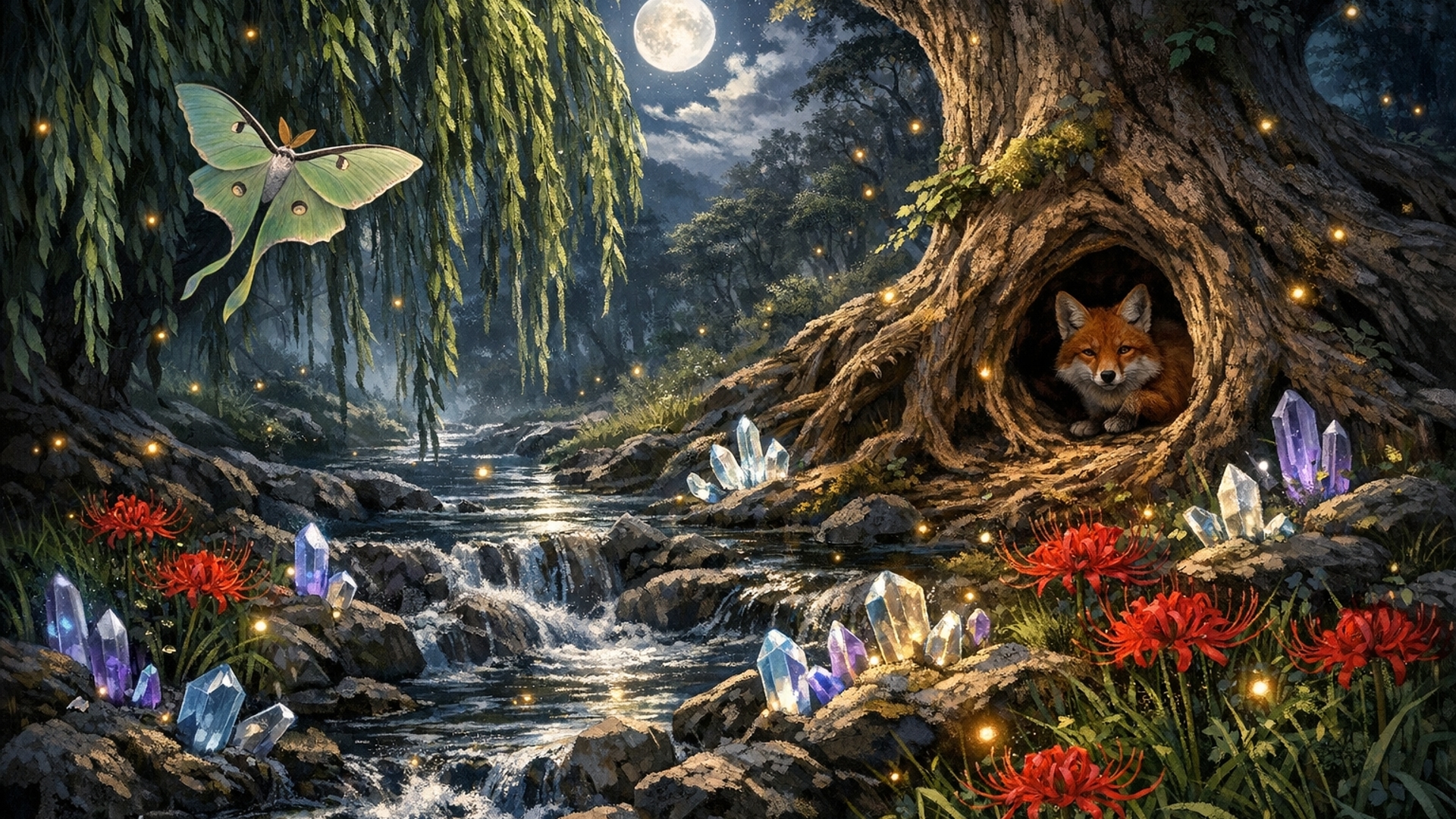 lunar moth, weeping willow by a babbling brook, in moon light lush forest ,fire flies, a fox hole in the tree with the fox under the tree, spider lilies in the grass , crystals scattered through out naturally down the brook .