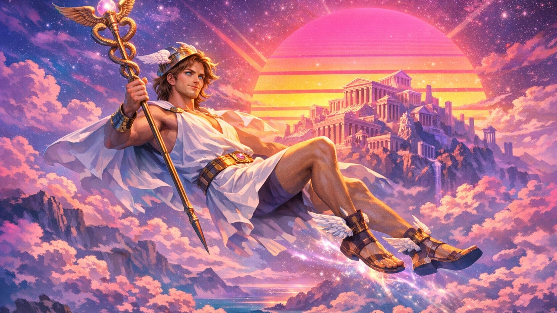Blue eyed, sandy brown haired, shoulder length hair, Hermes floating leaned back, with a long hermetic staff, with a vaporwave colored Olympus and vaporwave sun in the background 
