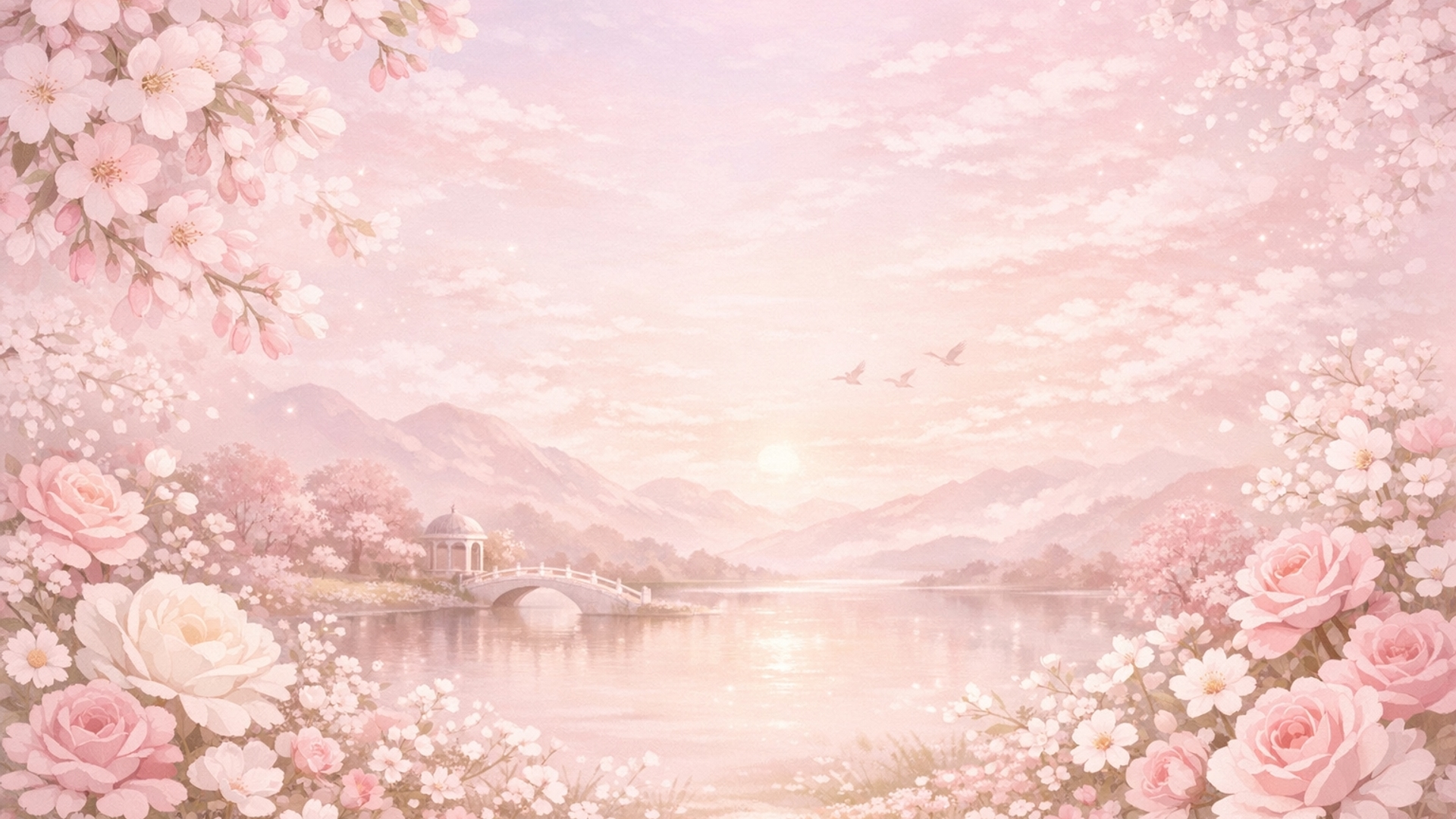 un fondo de pantalla de color rosa sutil con blanco elegante y lindo tiene que tener flores y un paisaje bonito