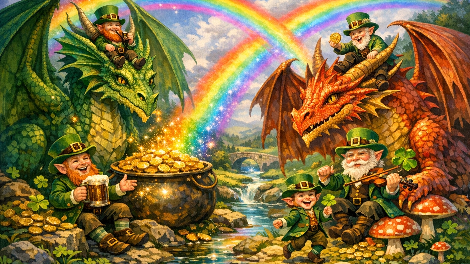 fantasy dragons and leprechauns with rainbows. 