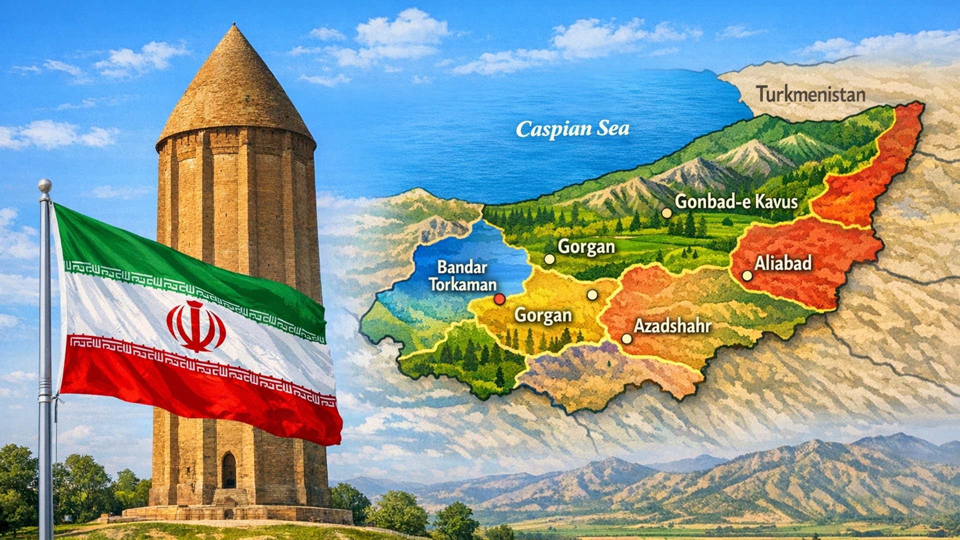 gonbad e kavoos tower with iran flag and golestan province map