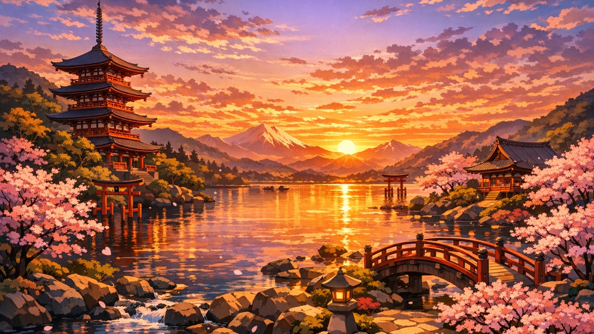 Paysage Japonais on plain couché de soleil