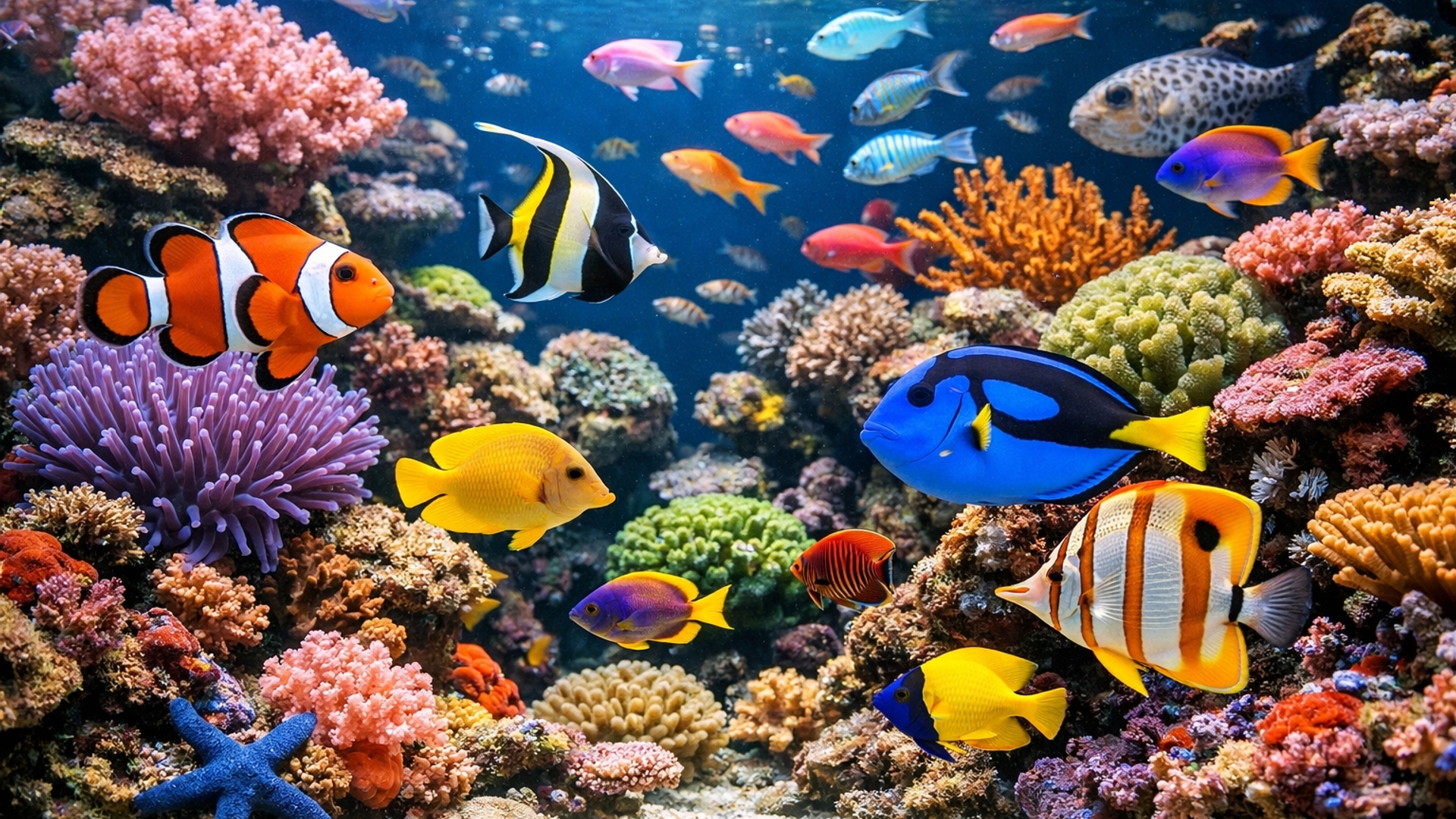 a vibrant colorful aquarium full of a variety of coral reef fish