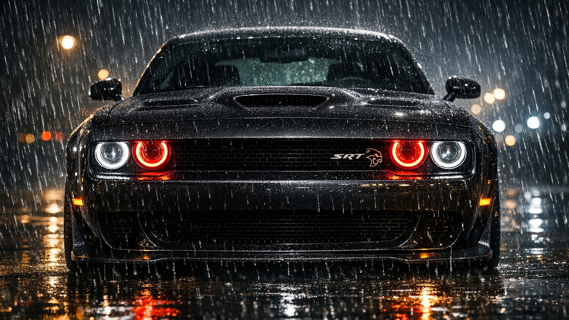 front of a dodge hellcat muscle car night rain 4k