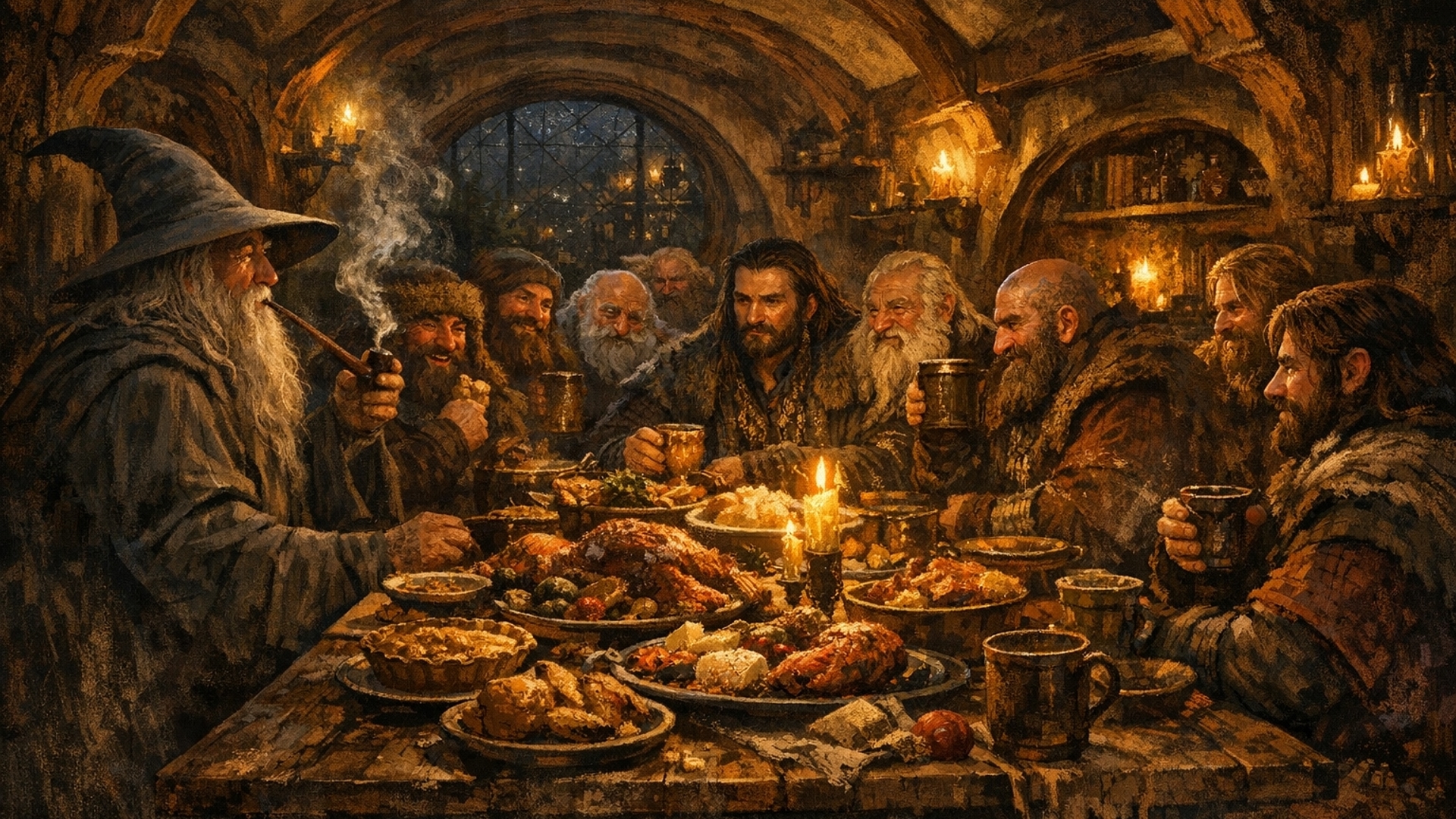 Gandalf cenando en casa hobbit de bilbo con los enanos de erebor