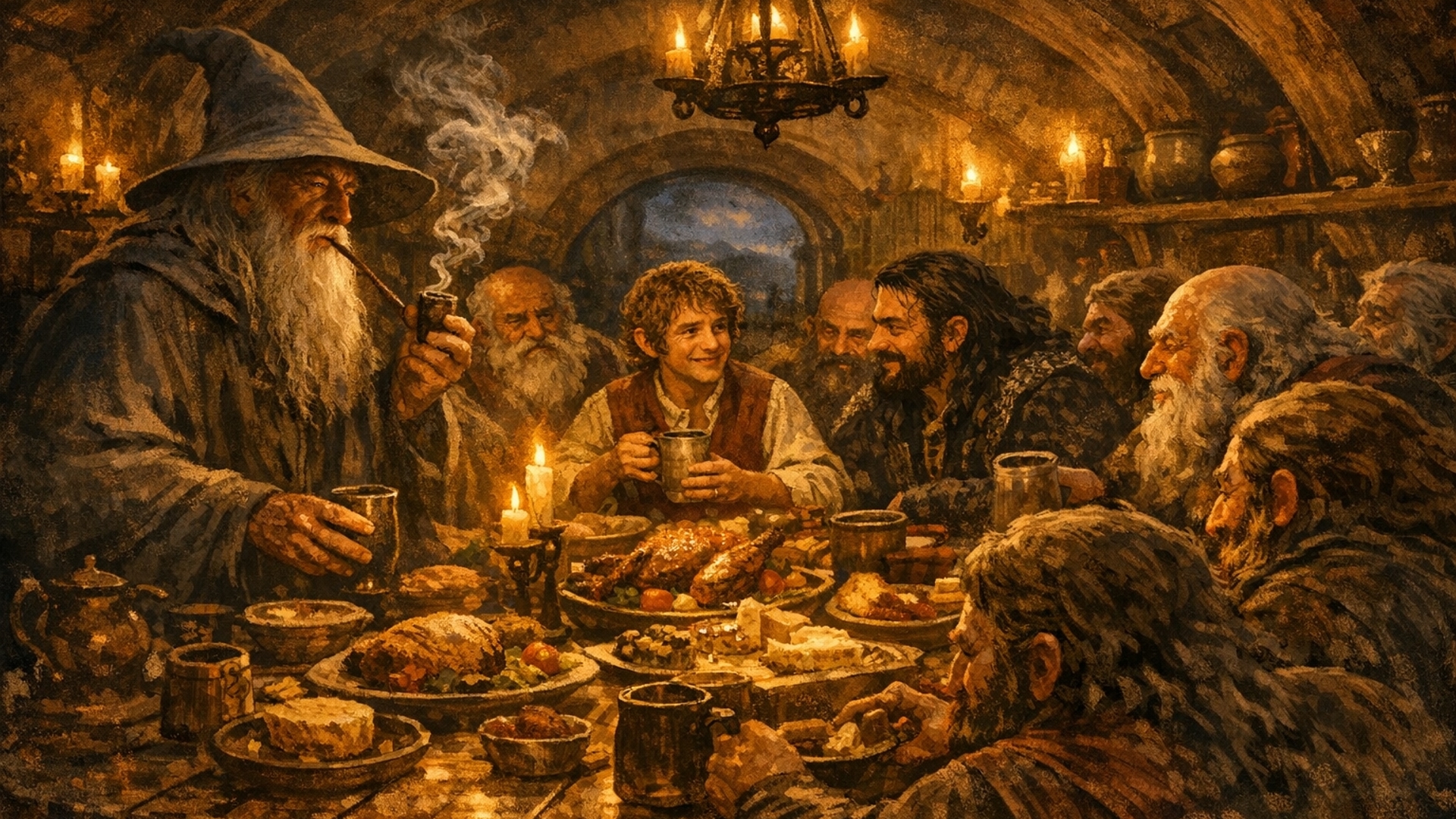 Gandalf cenando en casa hobbit con bilbo y los enanos