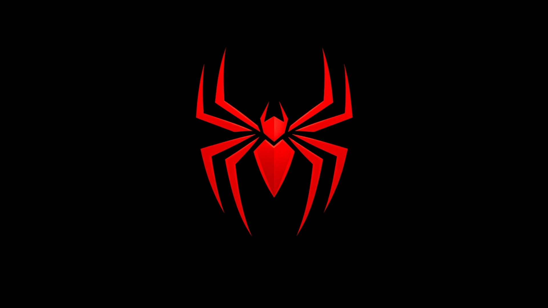 A minimalist symmetrical spider emblem logo, centered on a pure black background. The spider is stylized and abstract, with long sharp angular legs extending downward and outward, a sleek geometric body, and clean precise lines. The color is intense bright red with a subtle glow, creating strong contrast against the black background. Modern vector logo style, flat design, high contrast, sharp edges, negative space around the symbol. No text, no letters, no watermark, no background elements, no characters, no branding.Ultra clean, high resolution, professional logo design.