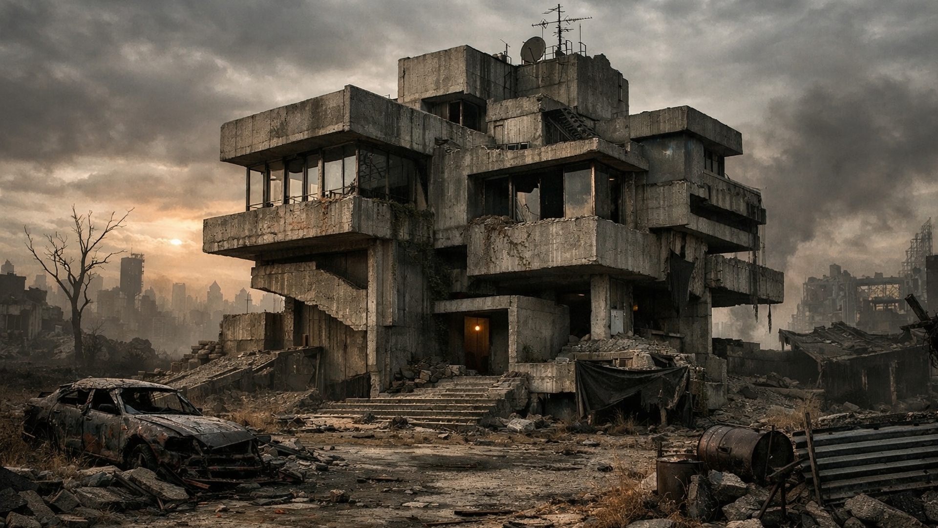 Brutalist house in the apocalypse 