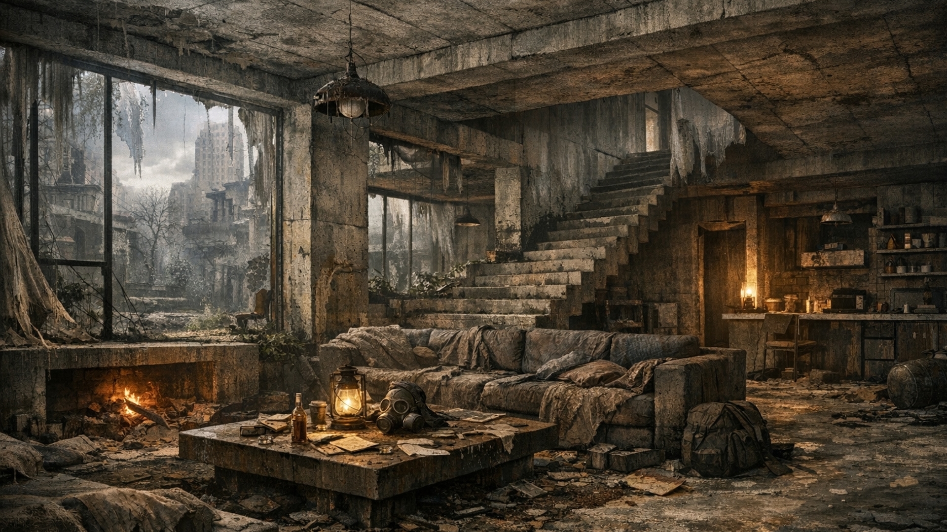 Brutalist house interior apocalypse 
