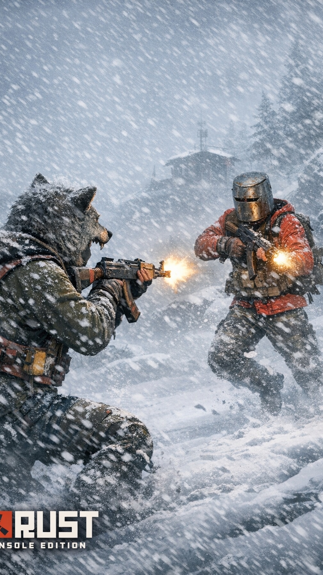 Two players in the game rust console edition fighting in the snow biome with a blizzard happening