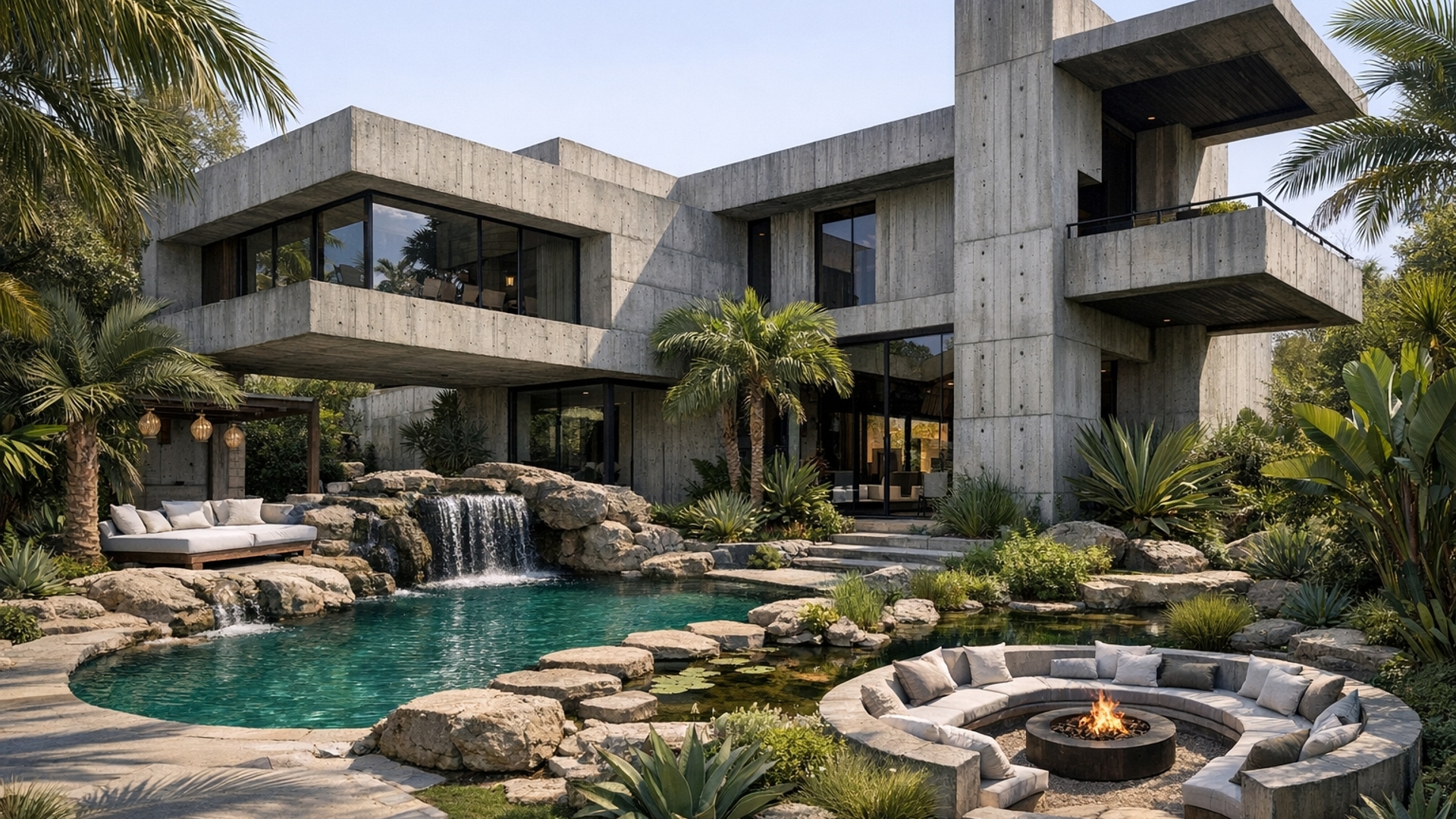 Brutalist house with an oasis yard