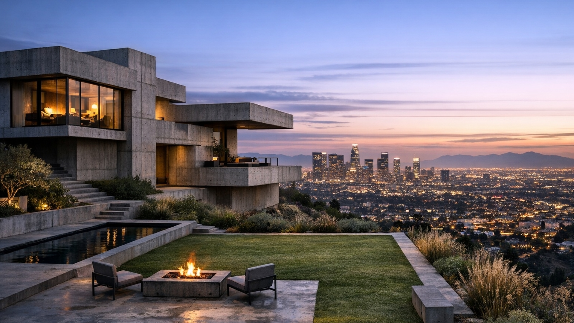 Brutalist house with a yard that over looks the city