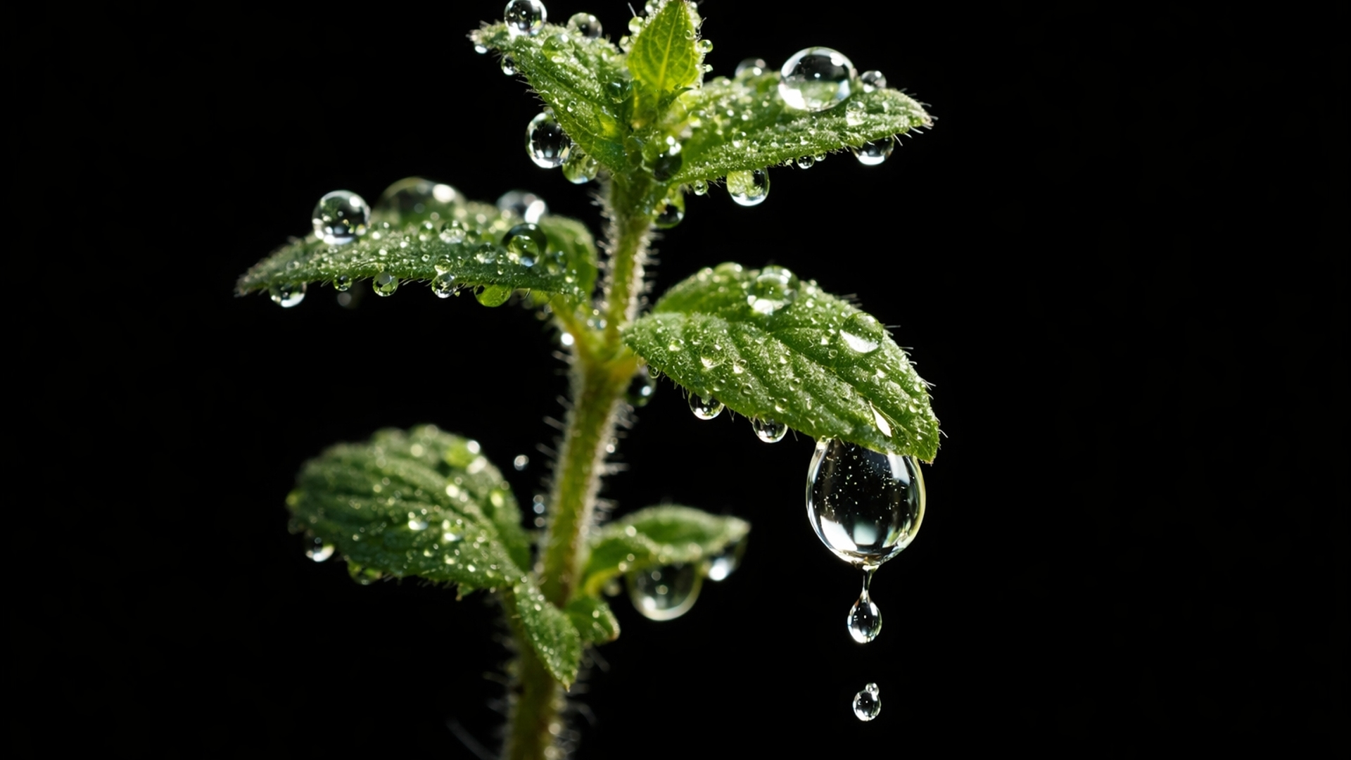 Dew Falling From Small Plant Black Background HD