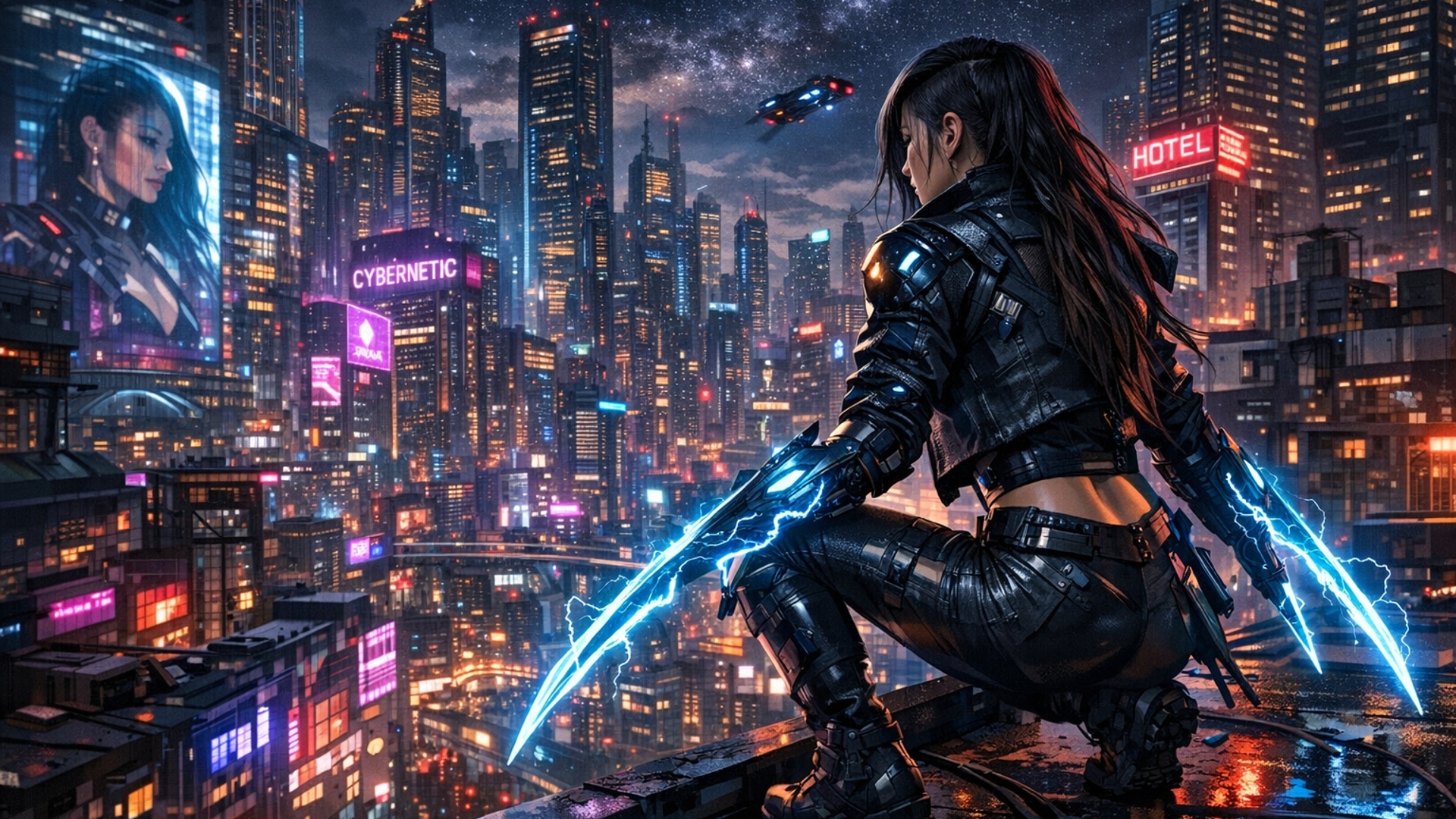 Cyberpunk city from a rooftop at night with a woman that has electric mantis blades