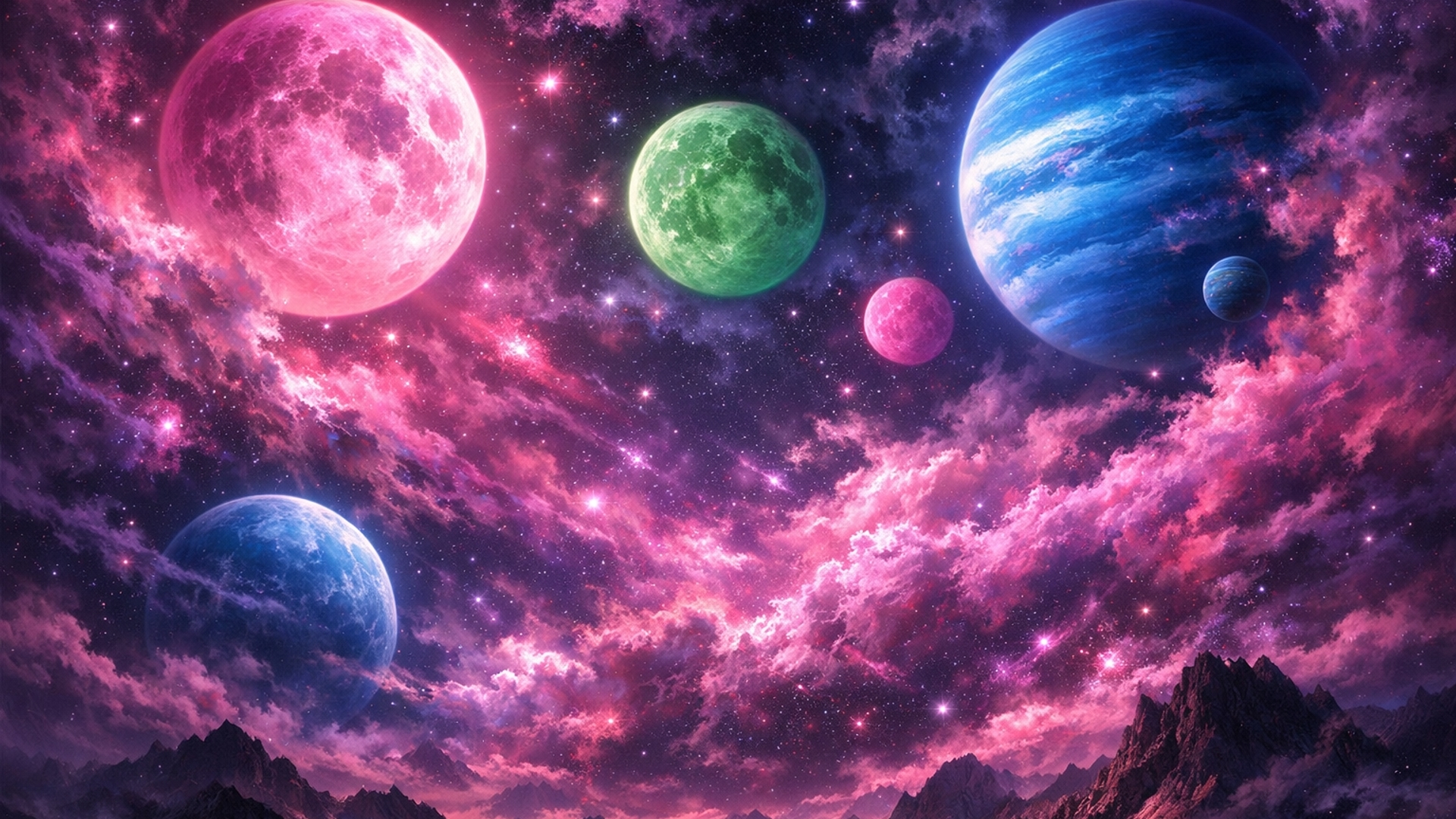 looking at the sky you can see other pink and green moons and blue planets within the purple and pink nebulas