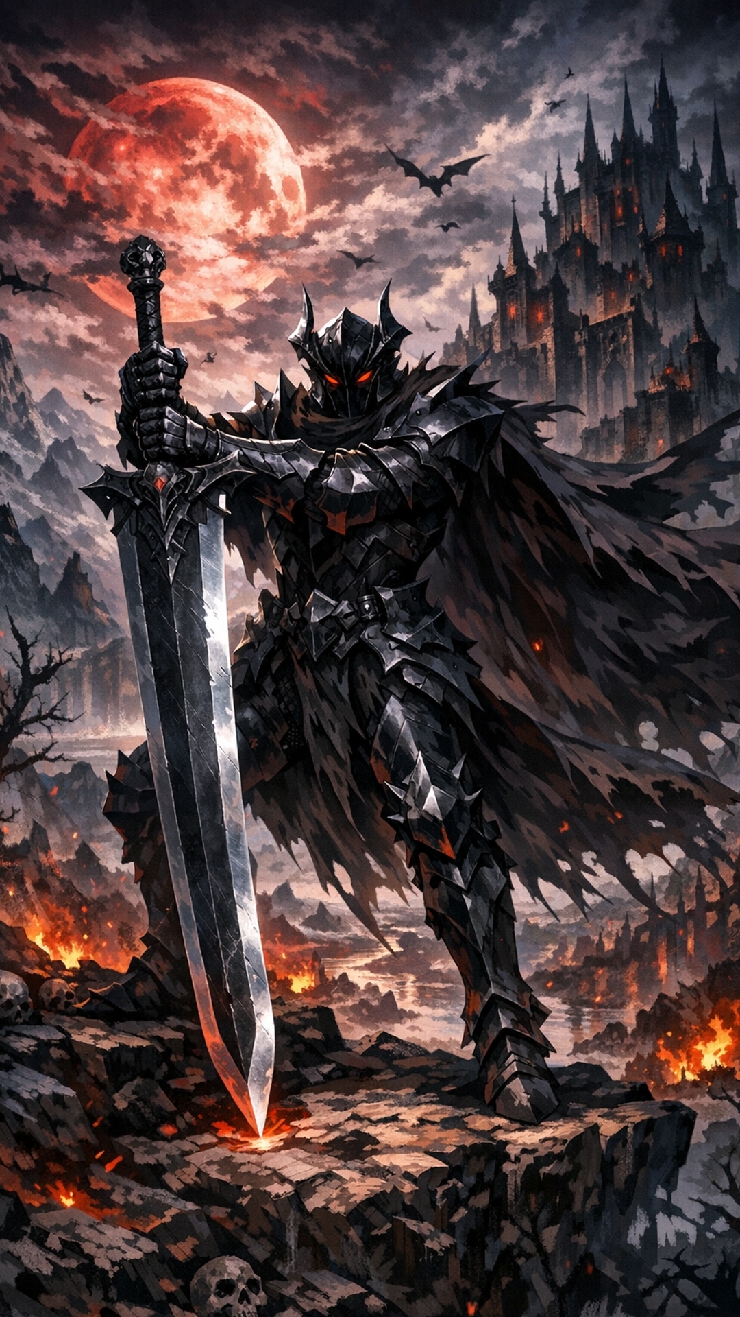 caballero oscuro empuñando una gran espada con un paisaje tipo dark fantasy