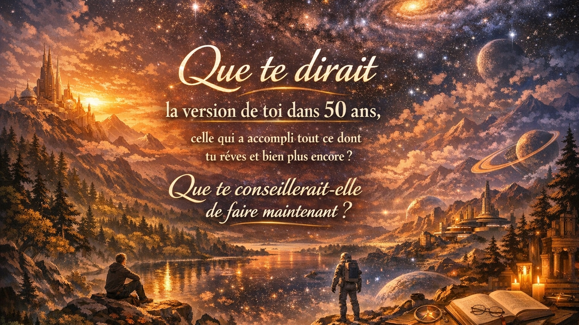 Je veux mettre au point une photo de fond d'écran, un wallpaper. Ce wallpaper aura de ça de particulier que... Il soit avec quelque chose. Ce sera une écriture, ce sera un petit test, une question, une question courte qui veut... Je te transmet l'attention. La question voudrait dire quelque chose du genre « Que ferait la version de toi que tu imagines dans ta vie, la version de toi dans 50 ans, qui aura atteint tout ce que tu t'es dit de faire actuellement et même plus, qui sera un expert, qui sera aussi doué que tu imagines que tu veux être là ? Que dirait cette version de toi ? Que te dirait-il de faire maintenant ? »