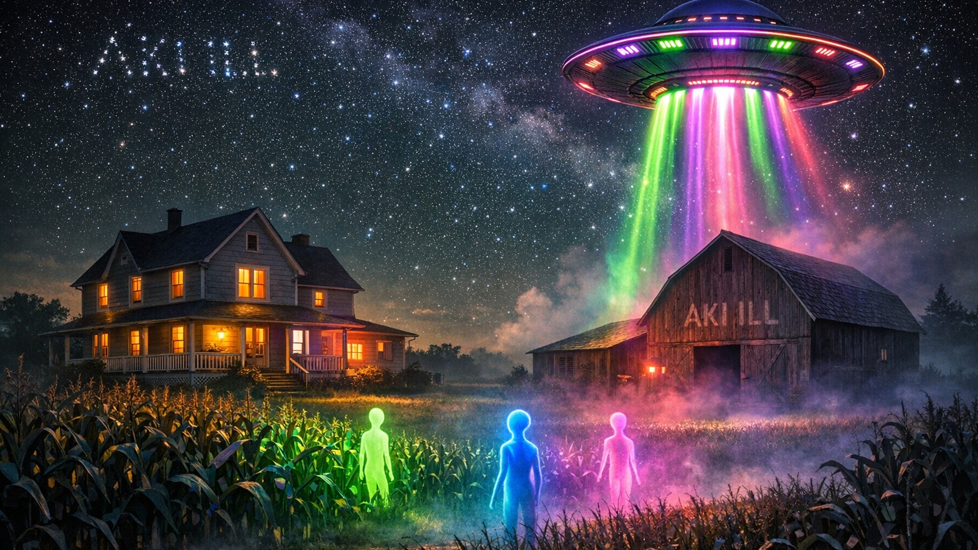 Night-time 1950s American farmhouse in a rural field under a star-filled sky, cinematic and slightly eerie. A colorful alien presence is invading or wandering—strange glowing beings near the crops, a UFO casting vibrant beams of neon green, purple, and pink light onto the farmhouse and barn. Psychedelic but stylish color palette, mixing vintage realism with surreal sci-fi. Cornfield partially illuminated by otherworldly glow, long shadows, light fog. The name “Aki iLL” hidden creatively in the scene—formed by stars, carved faintly into the barn wood, or glowing subtly in the UFO light. Mood is weird, colorful, and mysterious, not horror. Slight film grain like a 1950s photograph but with modern vibrant colors. Ultra-detailed, 4K, wide 16:9 desktop wallpaper, darker edges and cleaner center space for icons.
