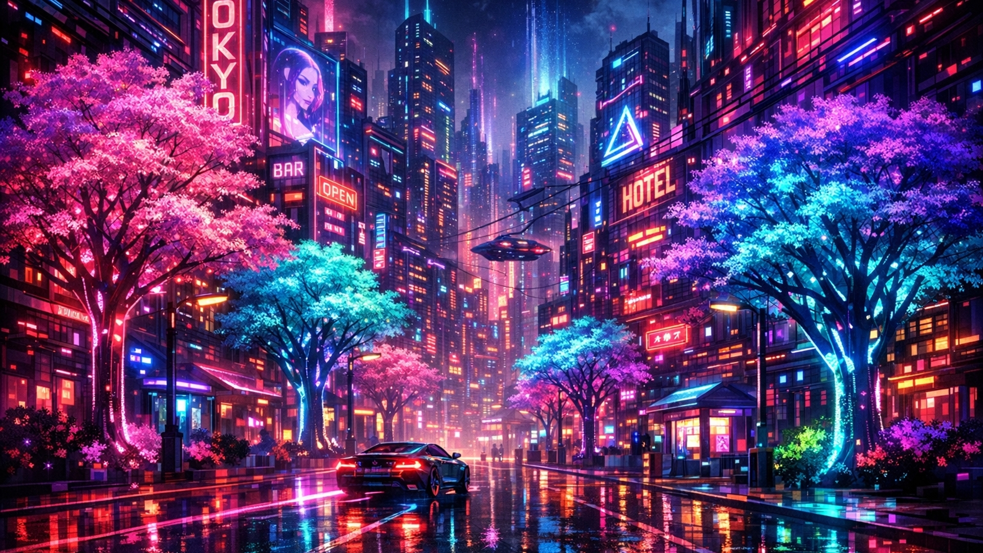 Neon punk city with trees
