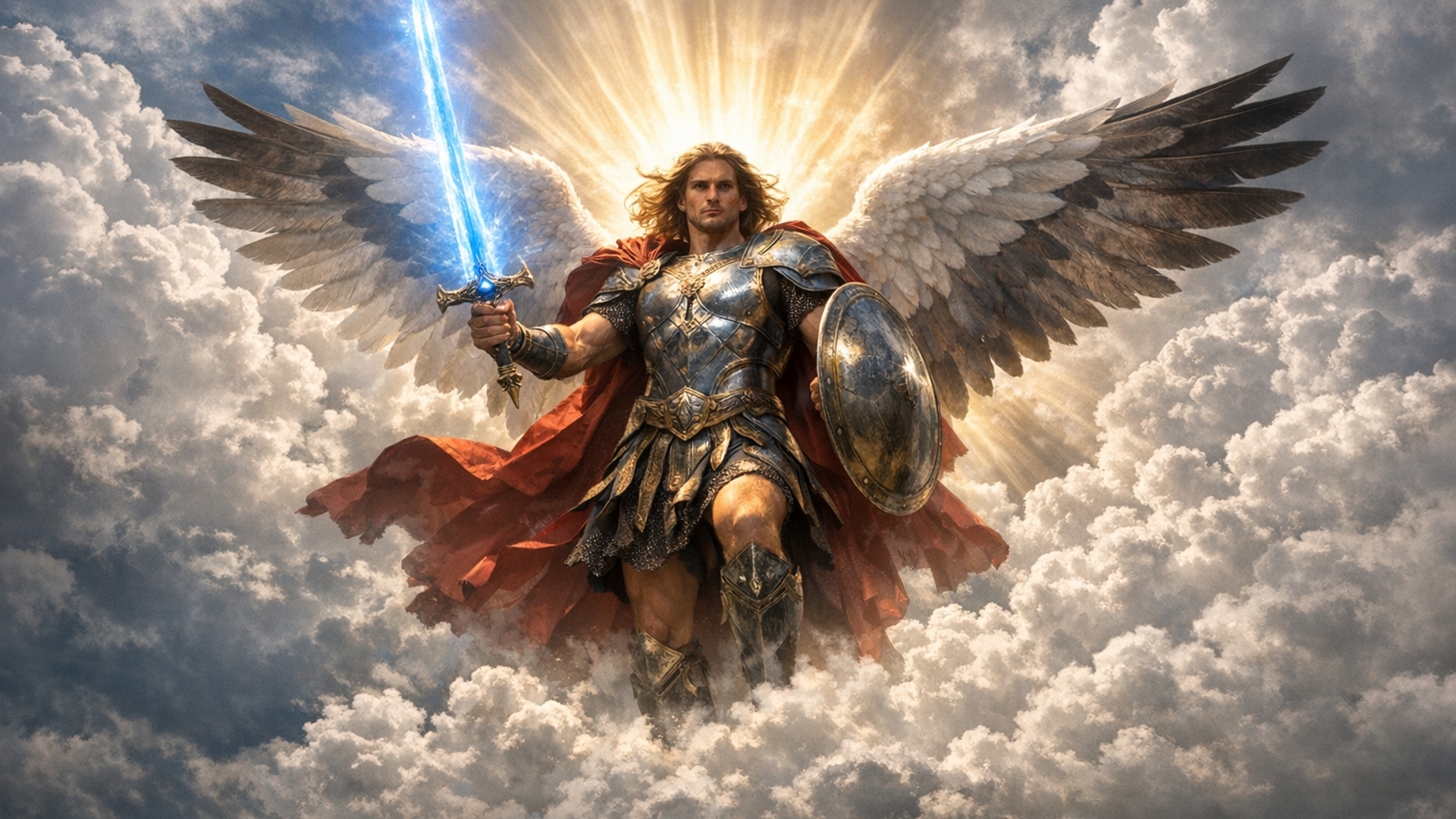 arcángel miguel con la espada azul, que se vea imponente en el cielo, las nubes balncas y grises comno si fuera a llover y detrasa de él el sol una estela que lo ilumine desde atrás que refleje 