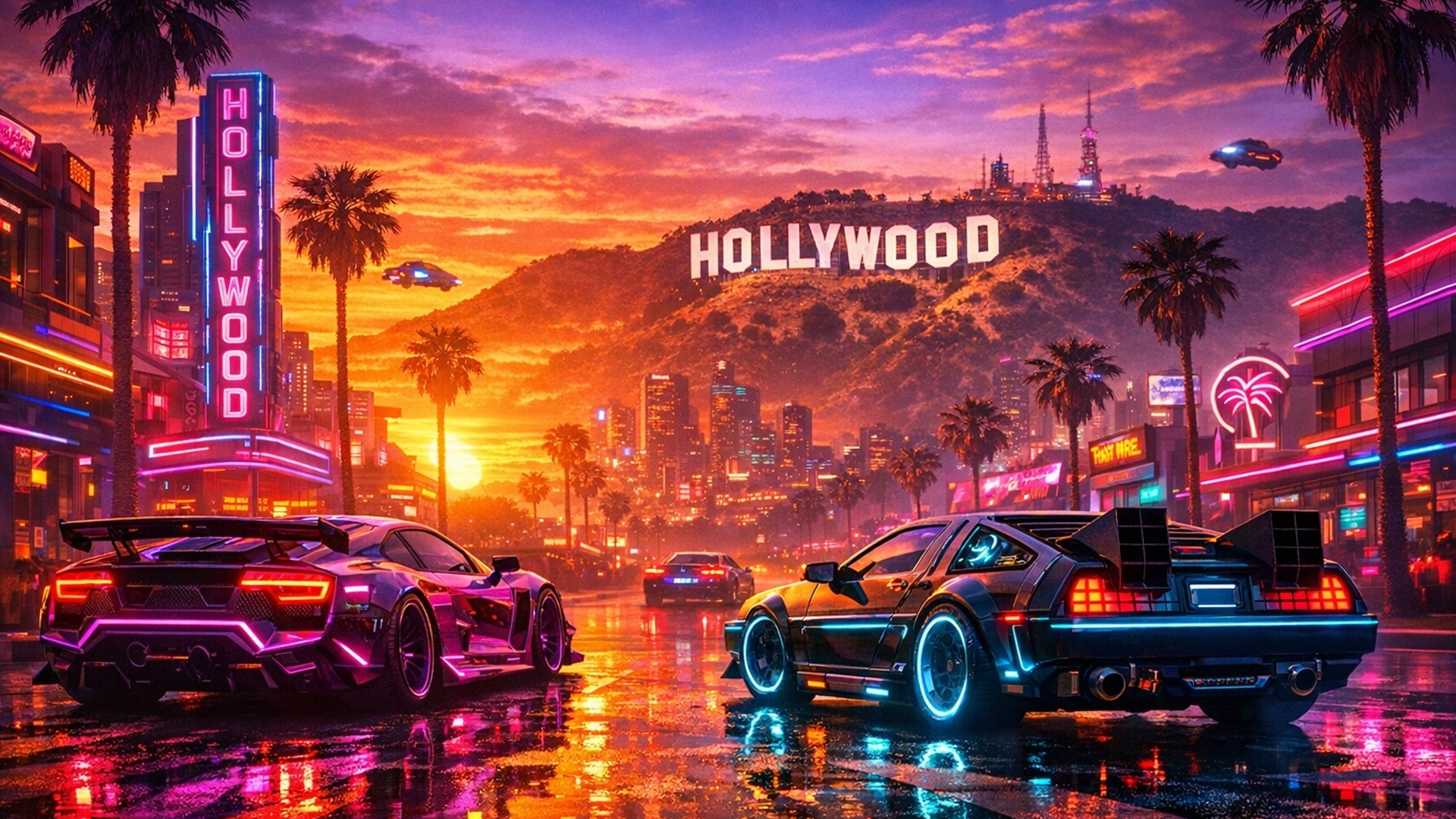 Sunset Cyberpunk Cars Holywood
