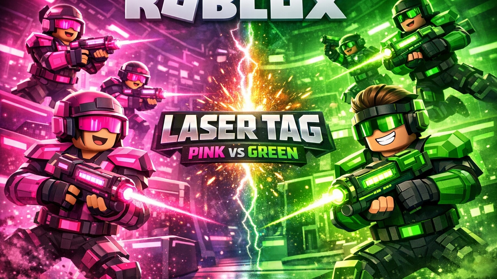 roblox cover art for a game where you play laser tag with two teams team one is pink team two is green 