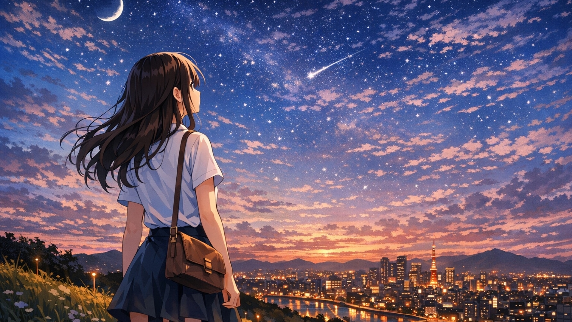 une femme qui regarde le ciel bleu du soir  sur une colline devant une ville