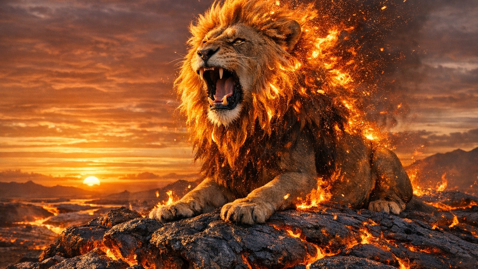 a firey lion in a sunset un a molten rock