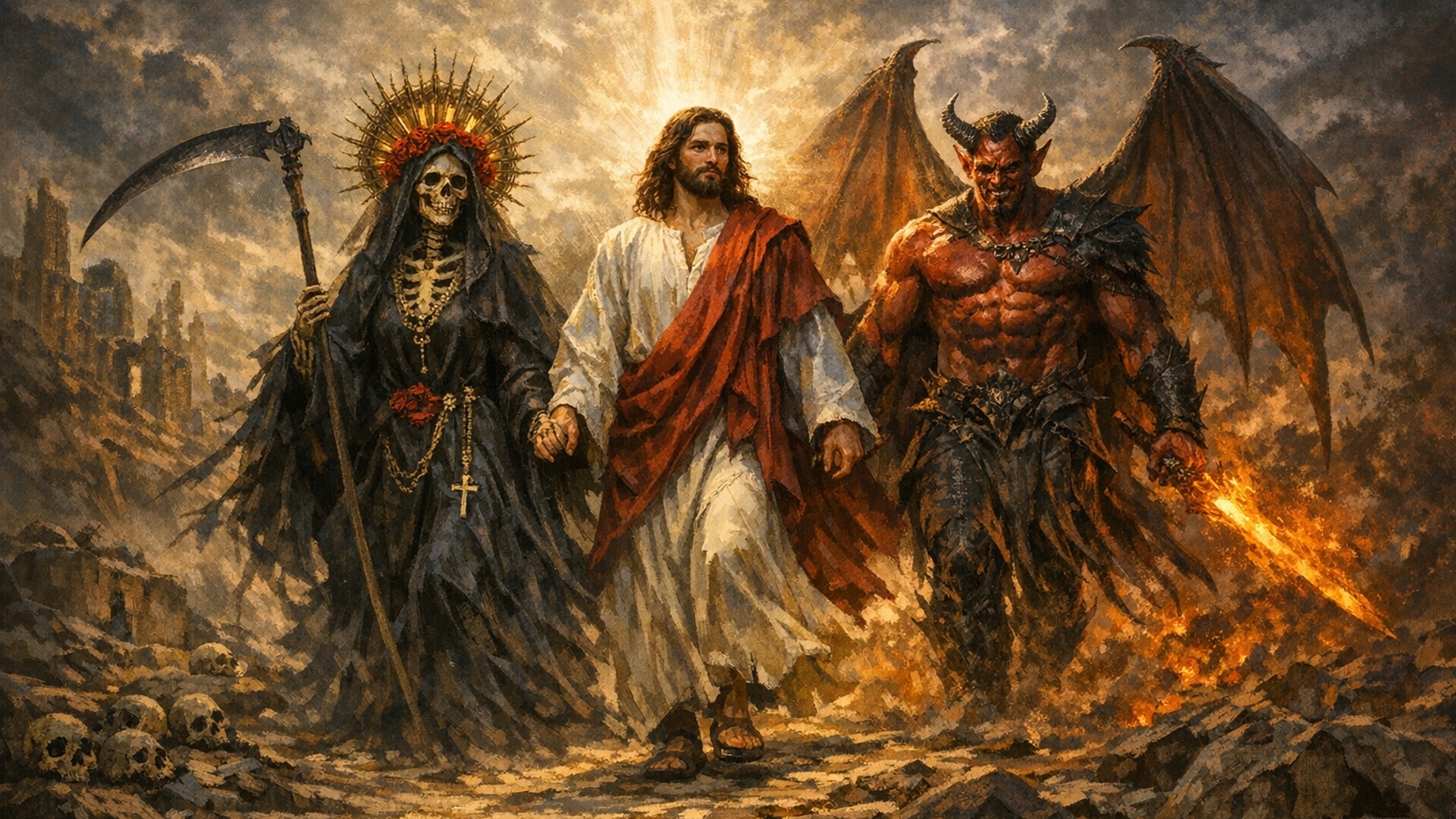 santa Muerte walking with jesus and the devil
