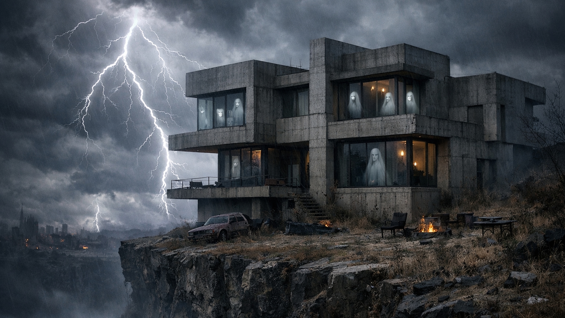 Brutalist house with a yard on the edge of a cliff in the apocalypse thunder and lightning ghosts looking through the windows