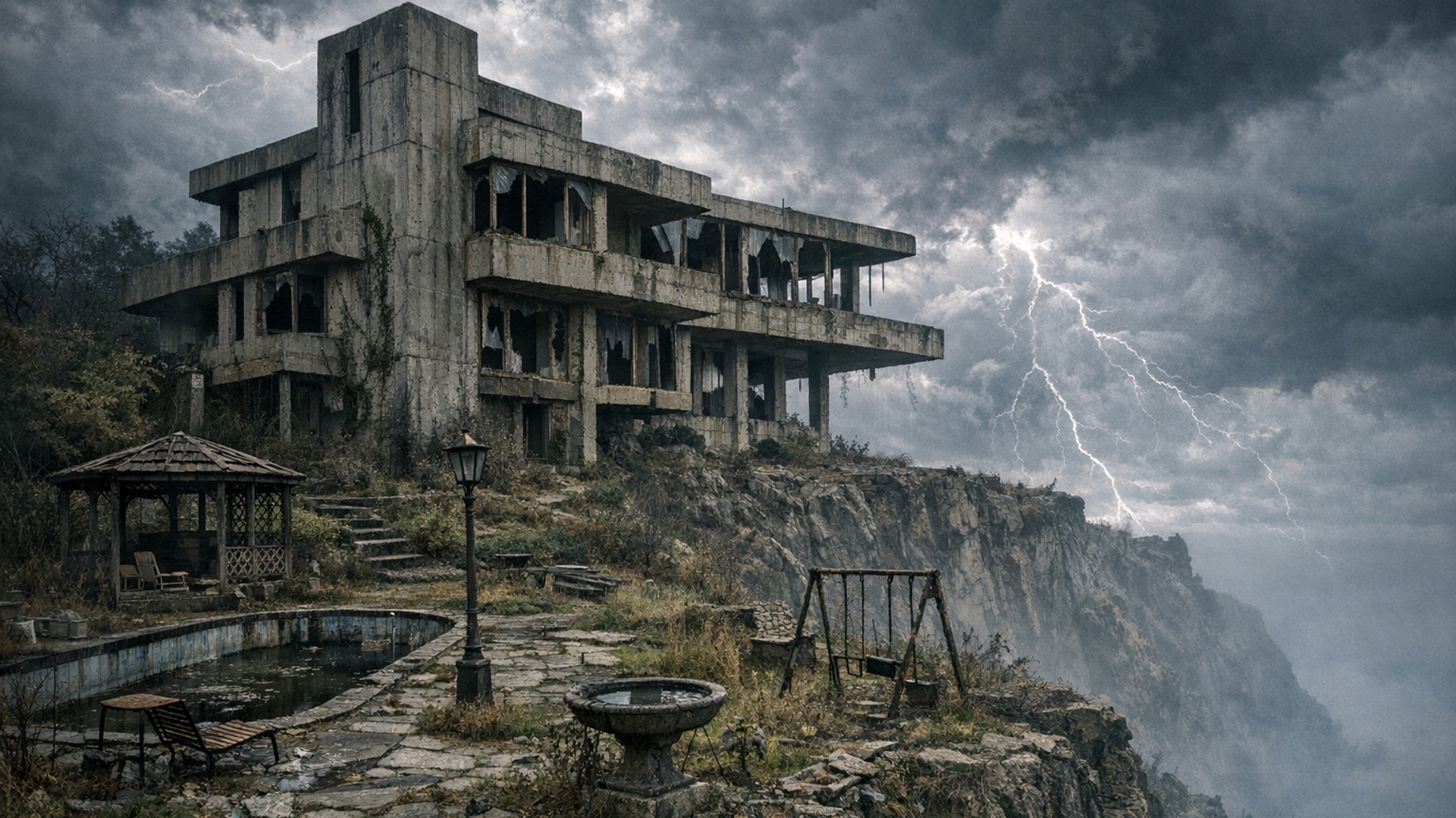 Abandoned haunted brutalist house on the edge of a cliff with a used to be nice yard thunder clouds