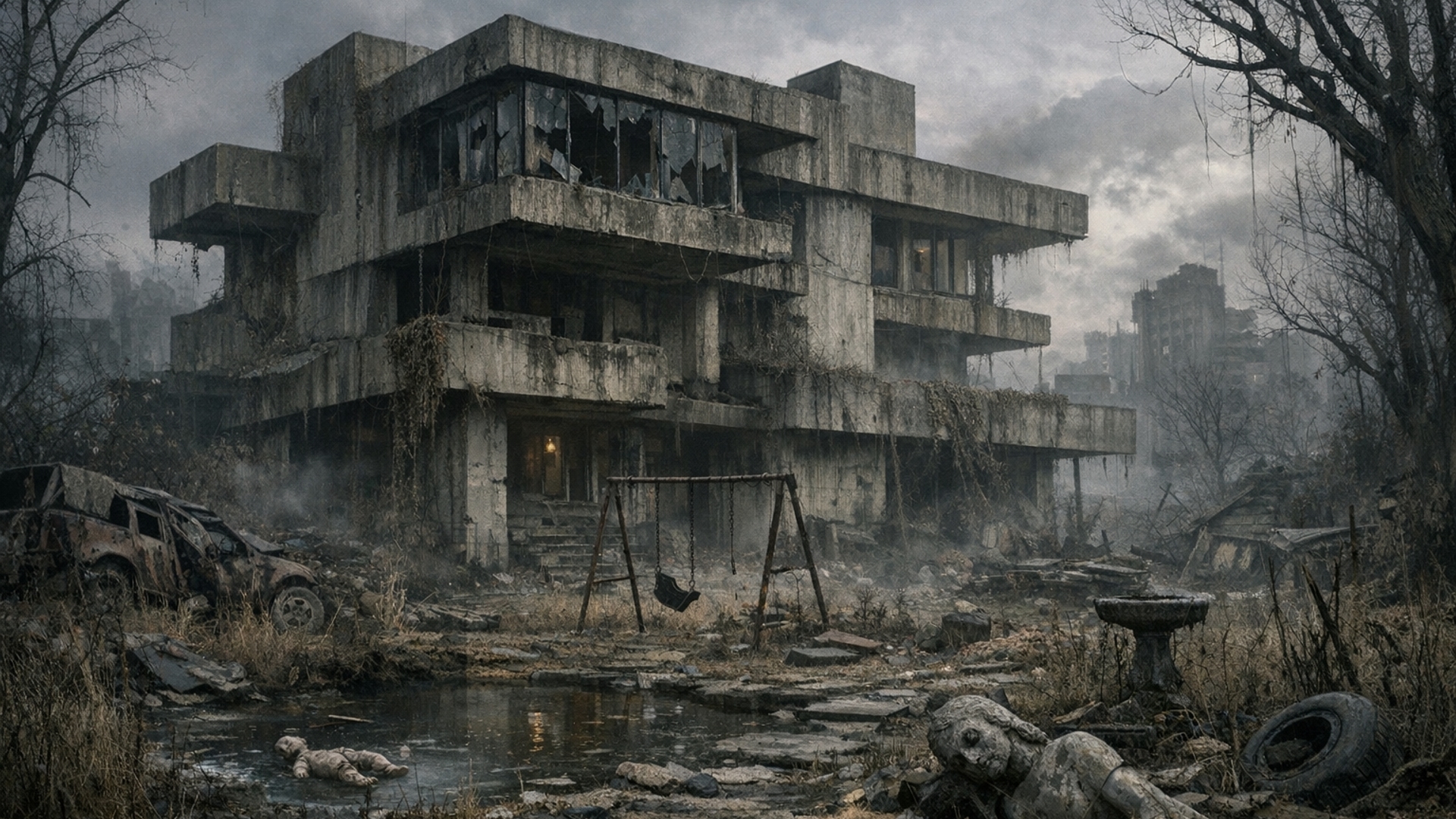 Abandoned hounted brutalist house with a yard in the apocalypse 
