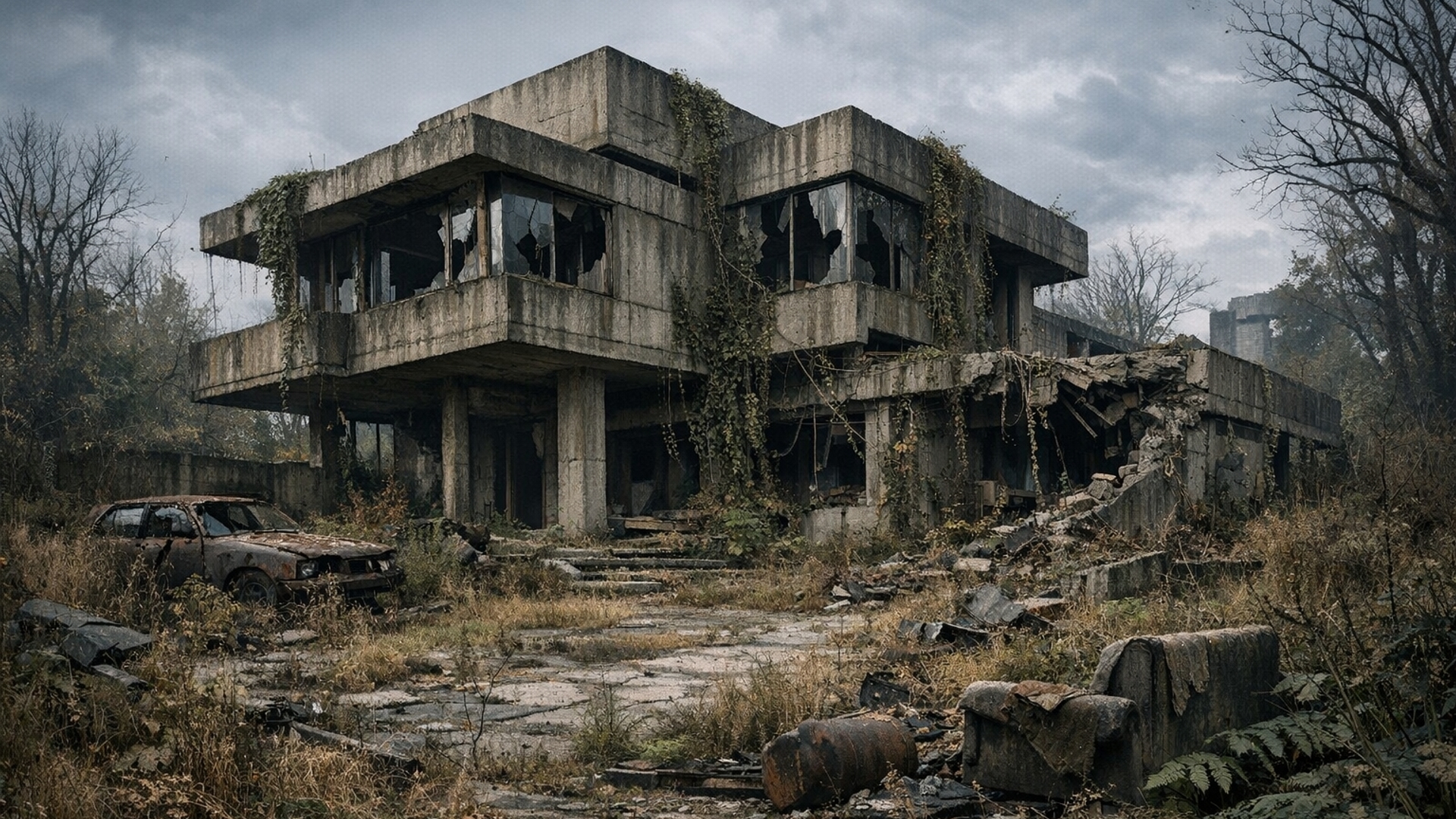 Abandoned brutalist house with an overgrown yard in the apocalypse 