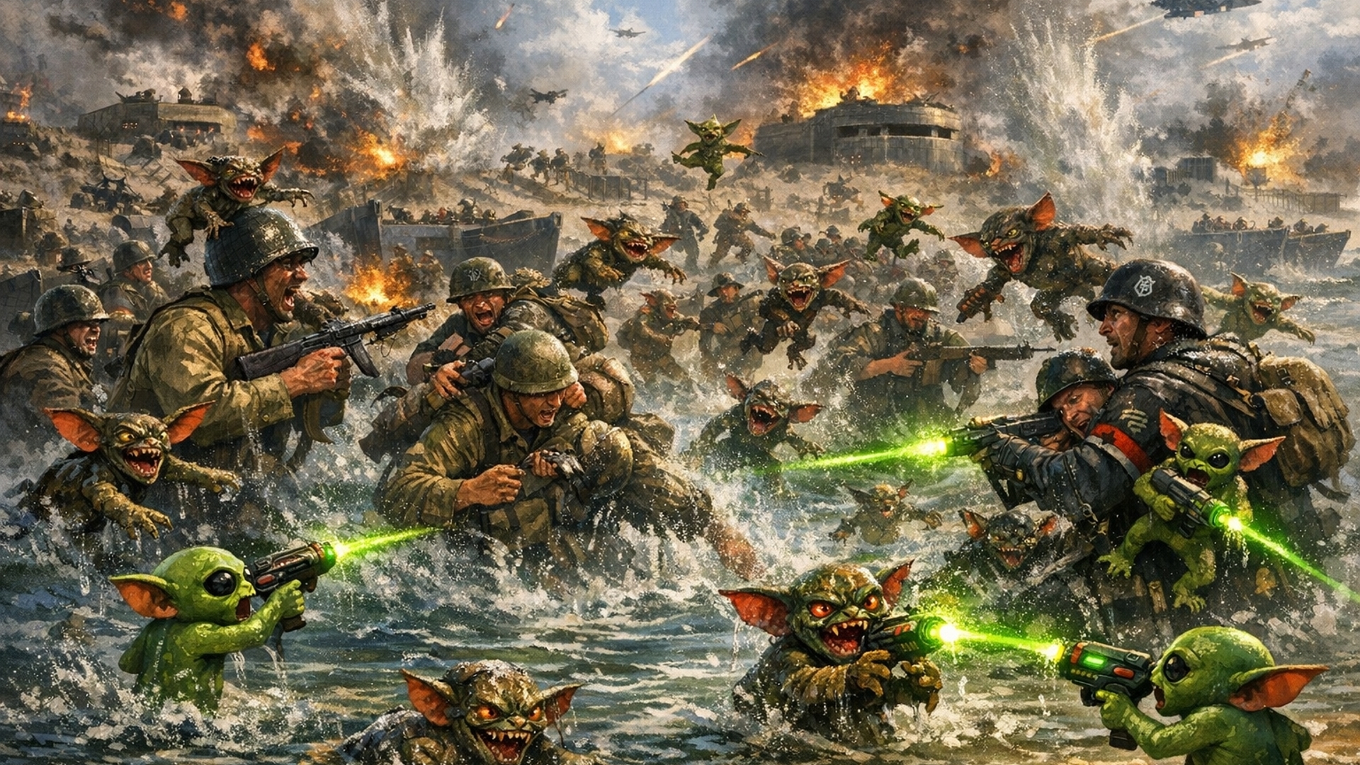 ww2 beaches of Normandy and help the American soldiers battle the Germans who have the help of Gremlins. the Gremlins are jumping all over the aliens and Americans while they jump in the ocean and multiply. the little green aliens are trying to shoot them all with their Ray guns