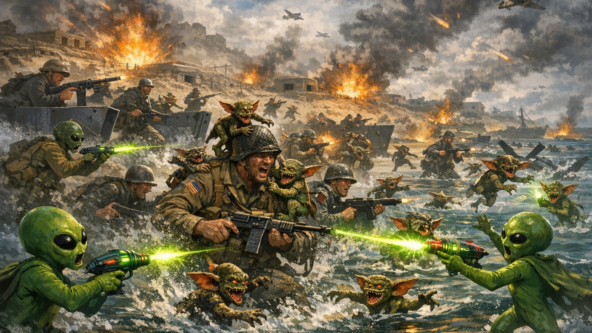 ww2 beaches of Normandy and help the american soldiers battle the Germans who have the help of Gremlins. the Gremlins are jumping all over the aliens and Americans while they jump in the ocean and multiply. the little green alians are trying to shoot all the Gremlins off the American soldiers with their Rayguns 