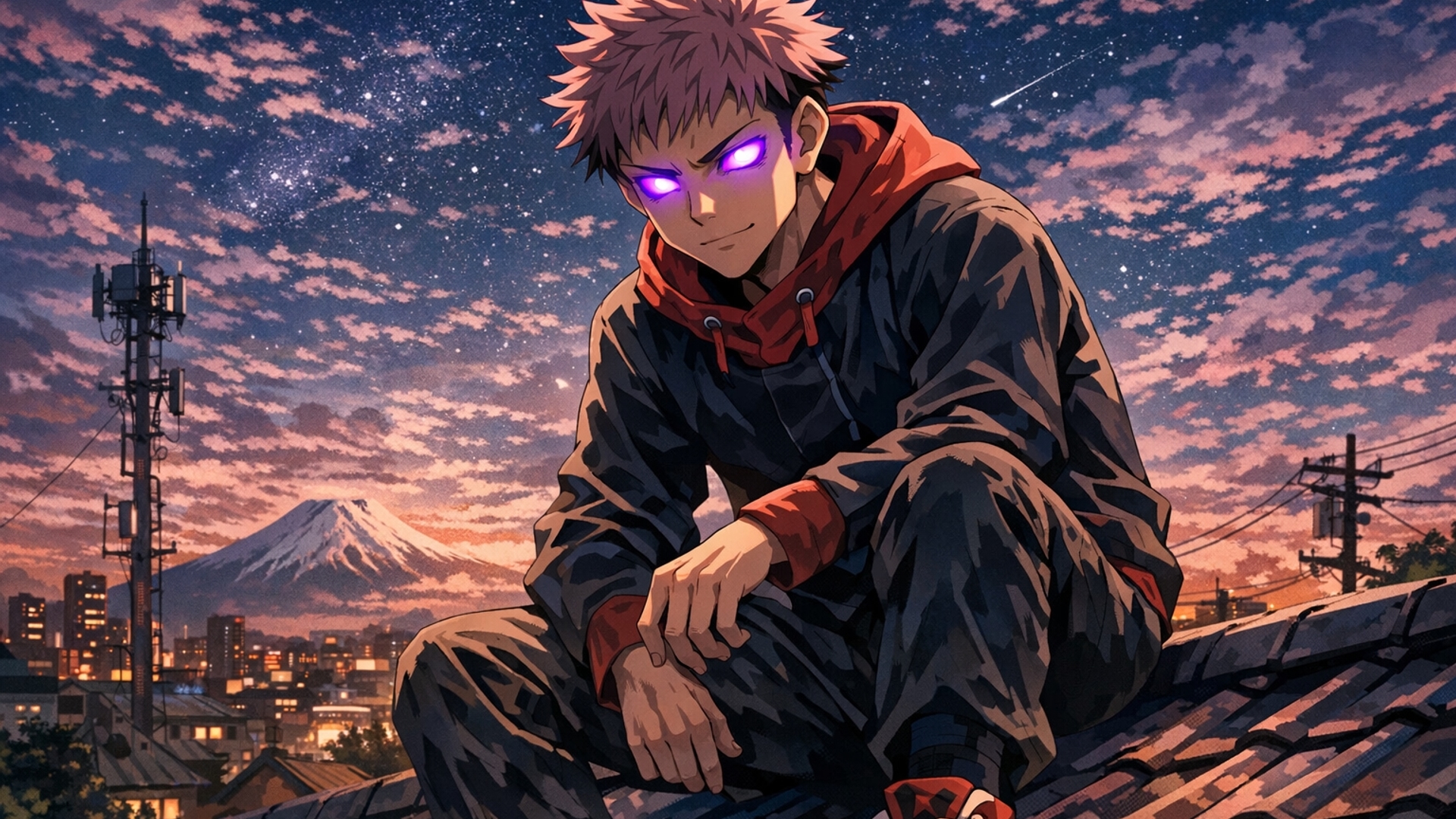 Jjk yuji sitting on roof and eyes glowing purple 