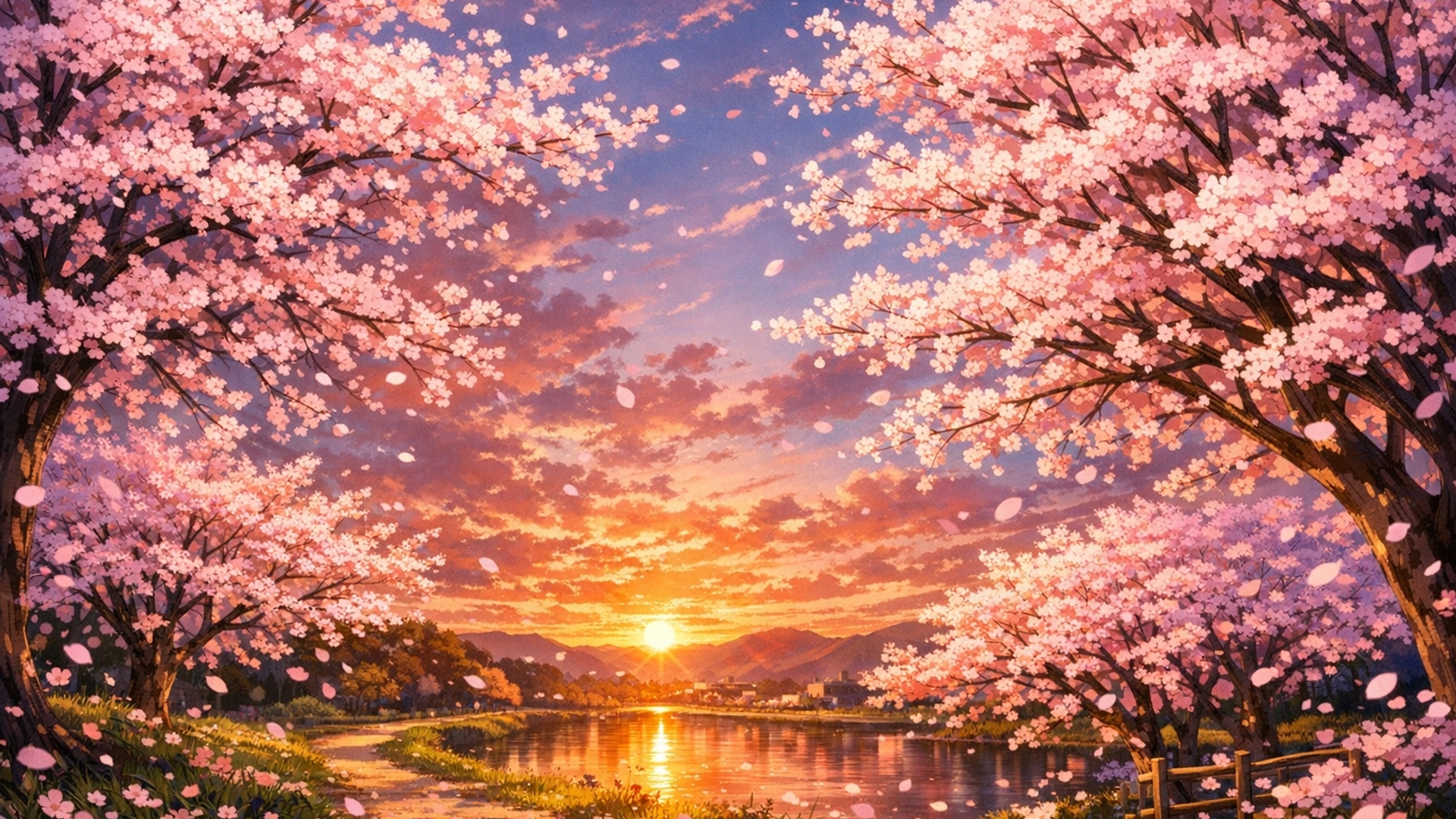 Un atardecer con flores de cerezo solo