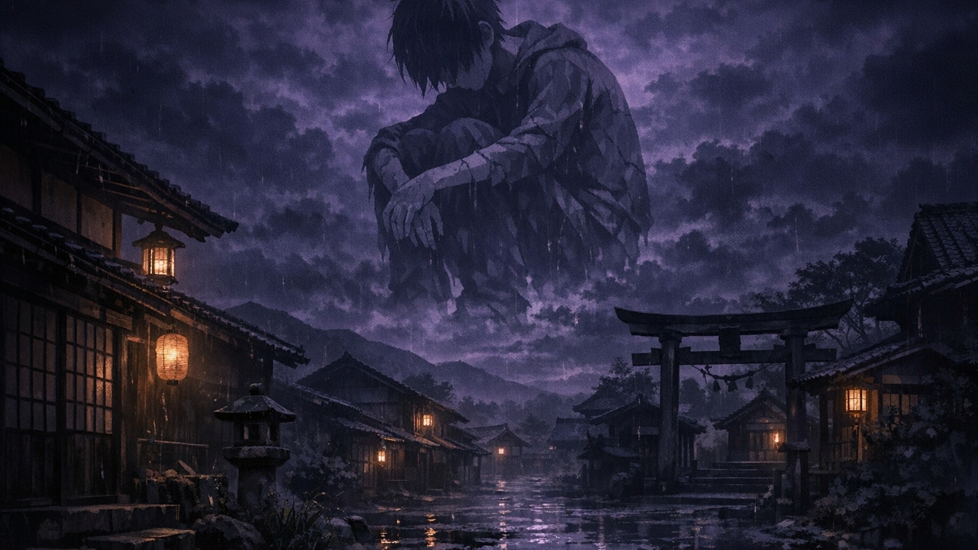 A Japanese style place dark sad lonely put brokenboy202108 in the sky make it dark purple
